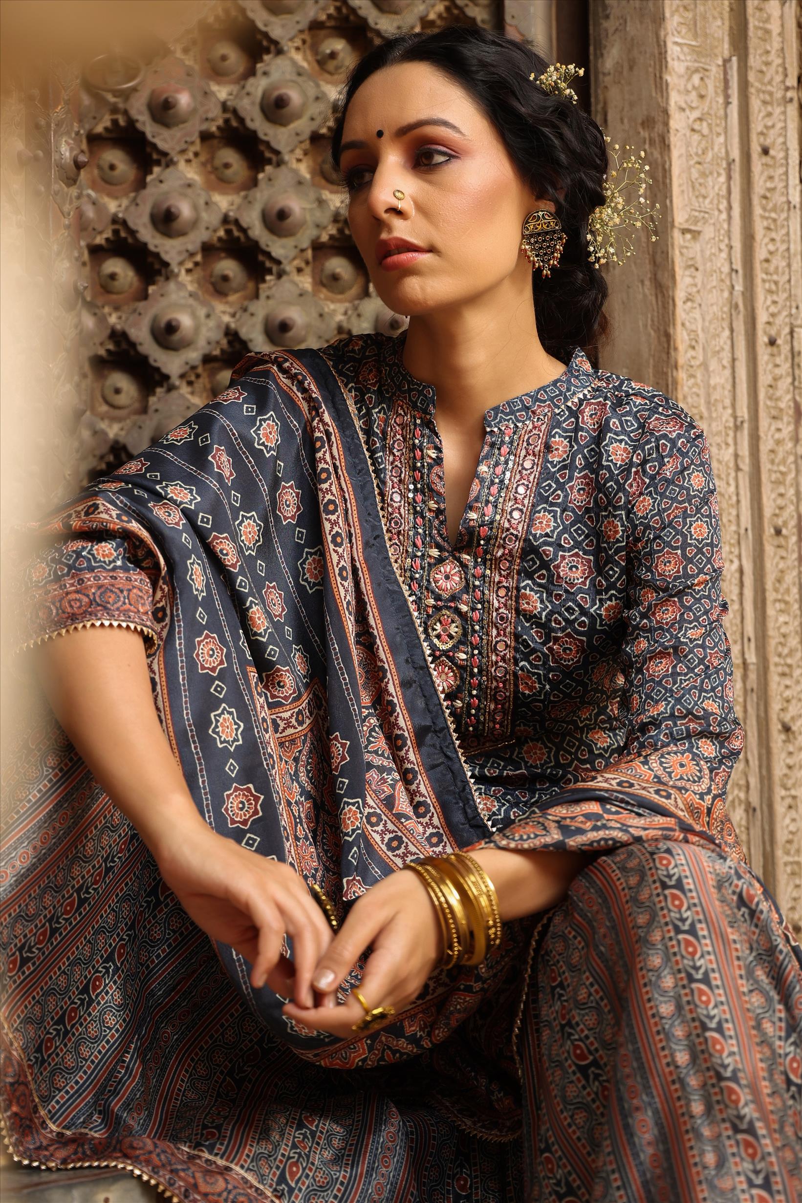 Navy Chinon Silk Crochet Work Printed Kurti Sharara Dupatta Set
