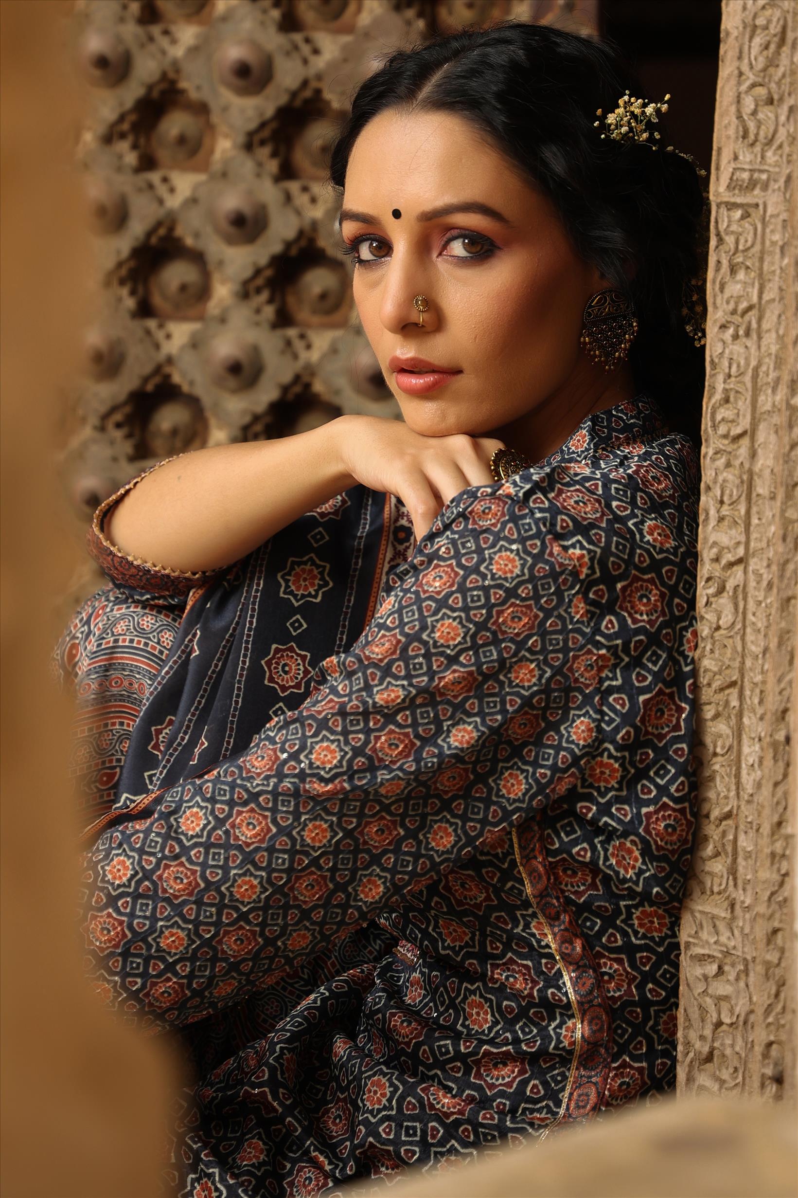 Navy Chinon Silk Crochet Work Printed Kurti Sharara Dupatta Set