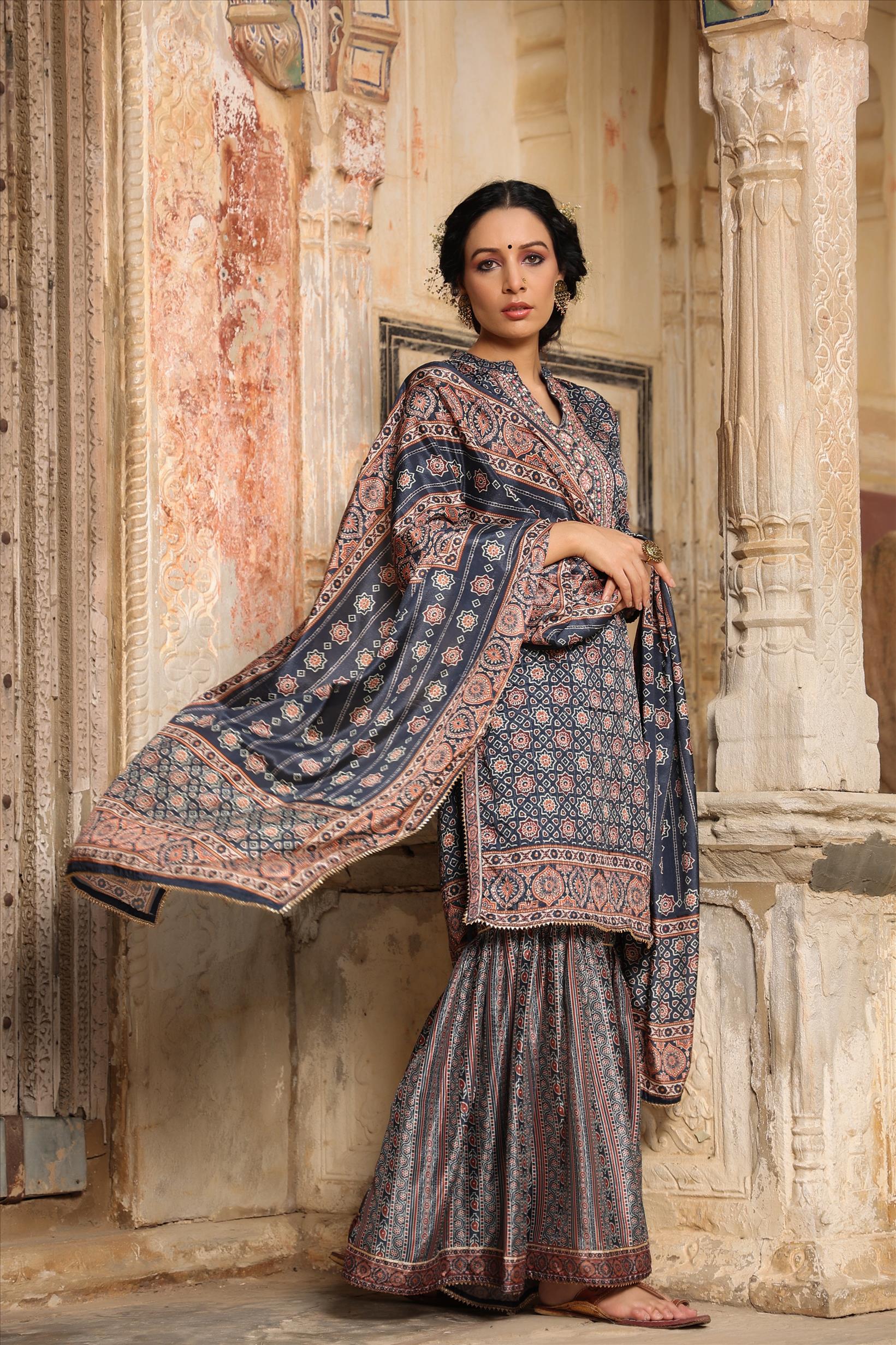 Navy Chinon Silk Crochet Work Printed Kurti Sharara Dupatta Set