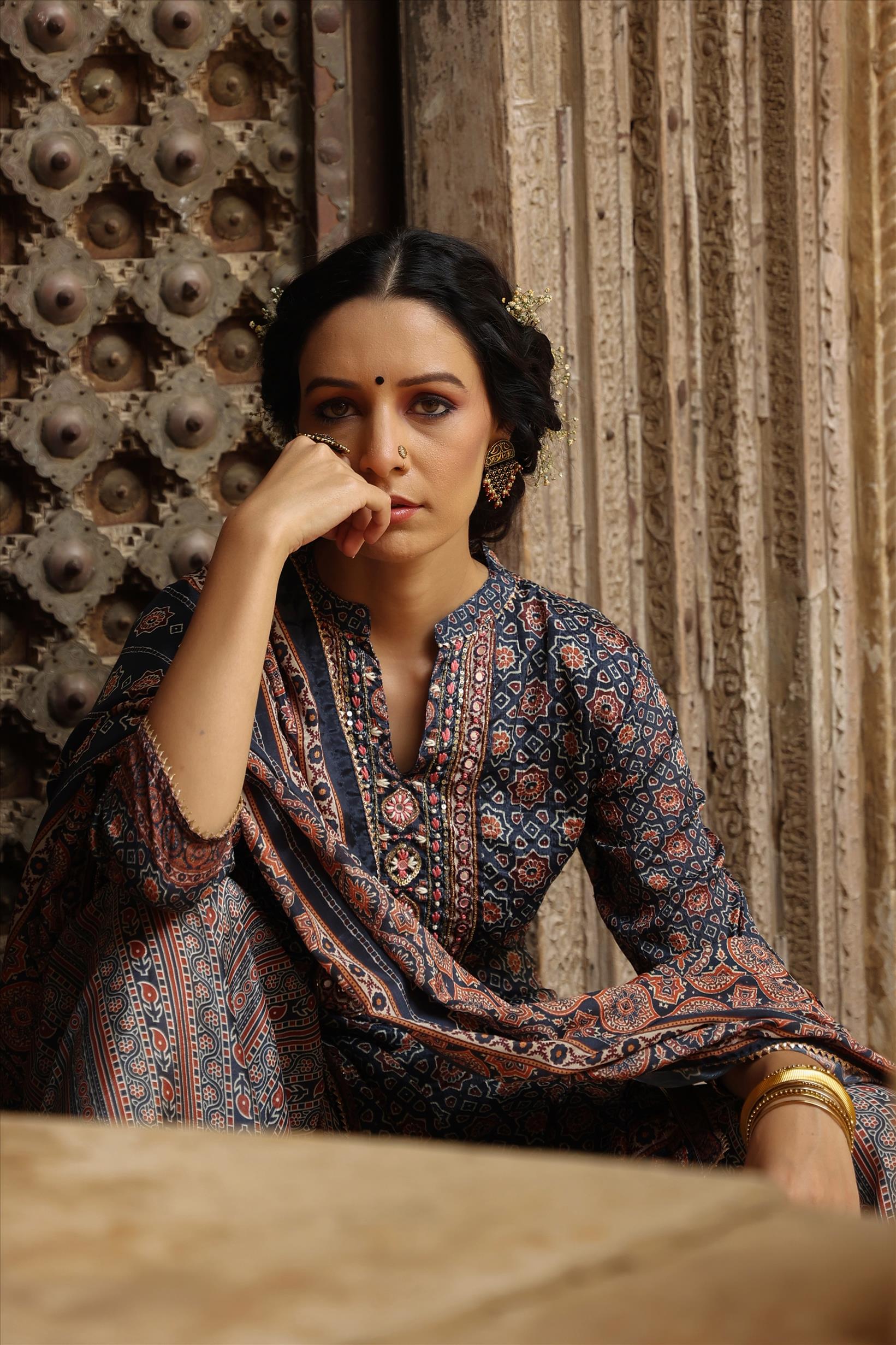 Navy Chinon Silk Crochet Work Printed Kurti Sharara Dupatta Set