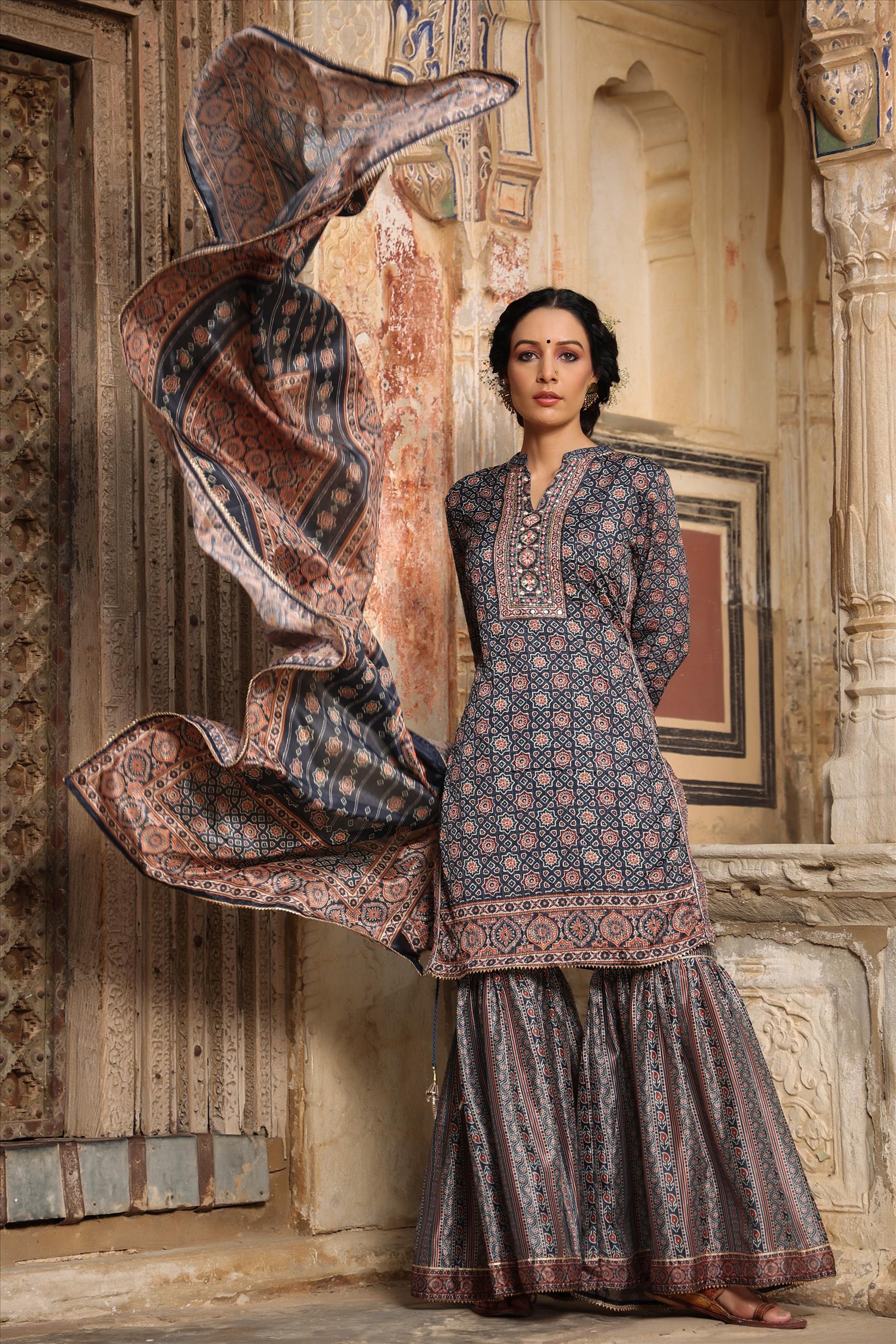 Navy Chinon Silk Crochet Work Printed Kurti Sharara Dupatta Set