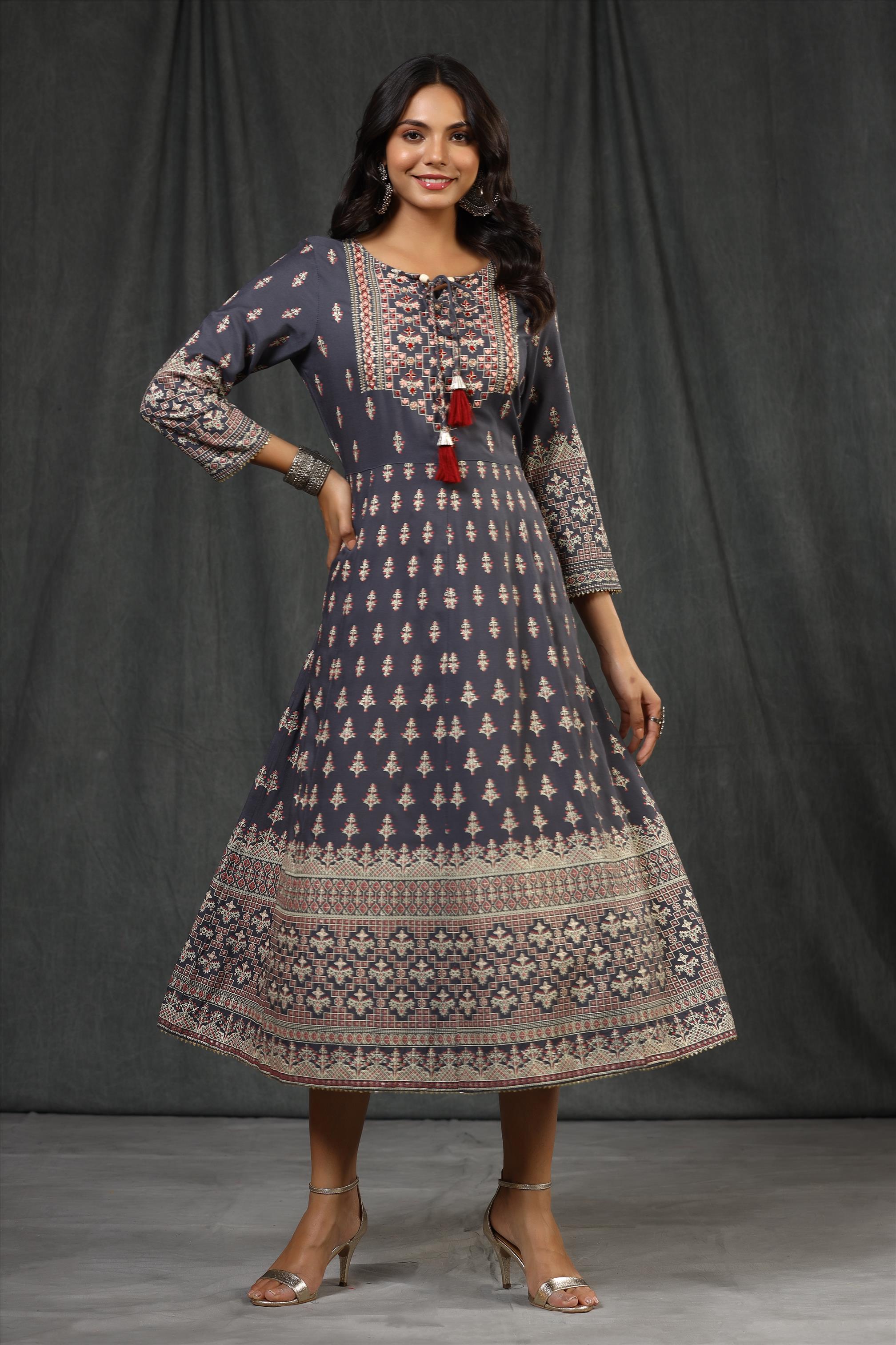 Grey Rayon Foil Print Anarkali Dress