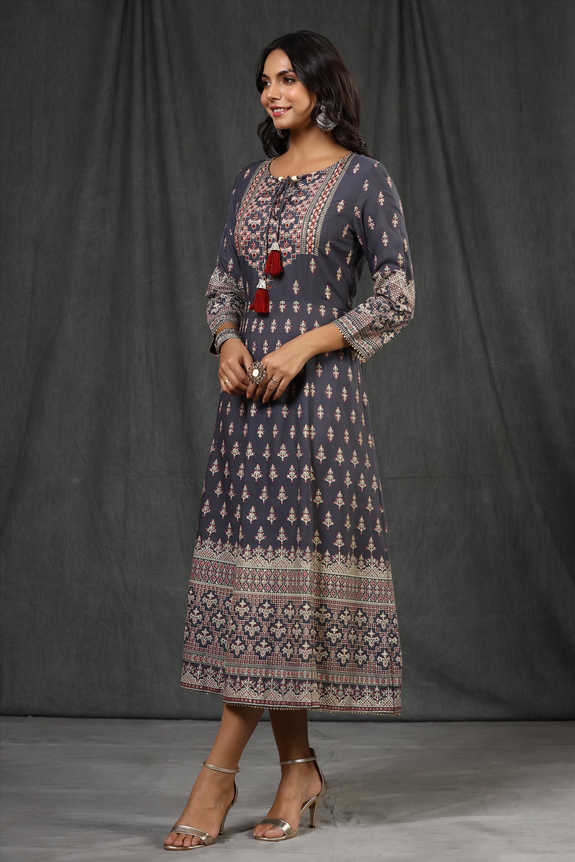 Grey Rayon Foil Print Anarkali Dress