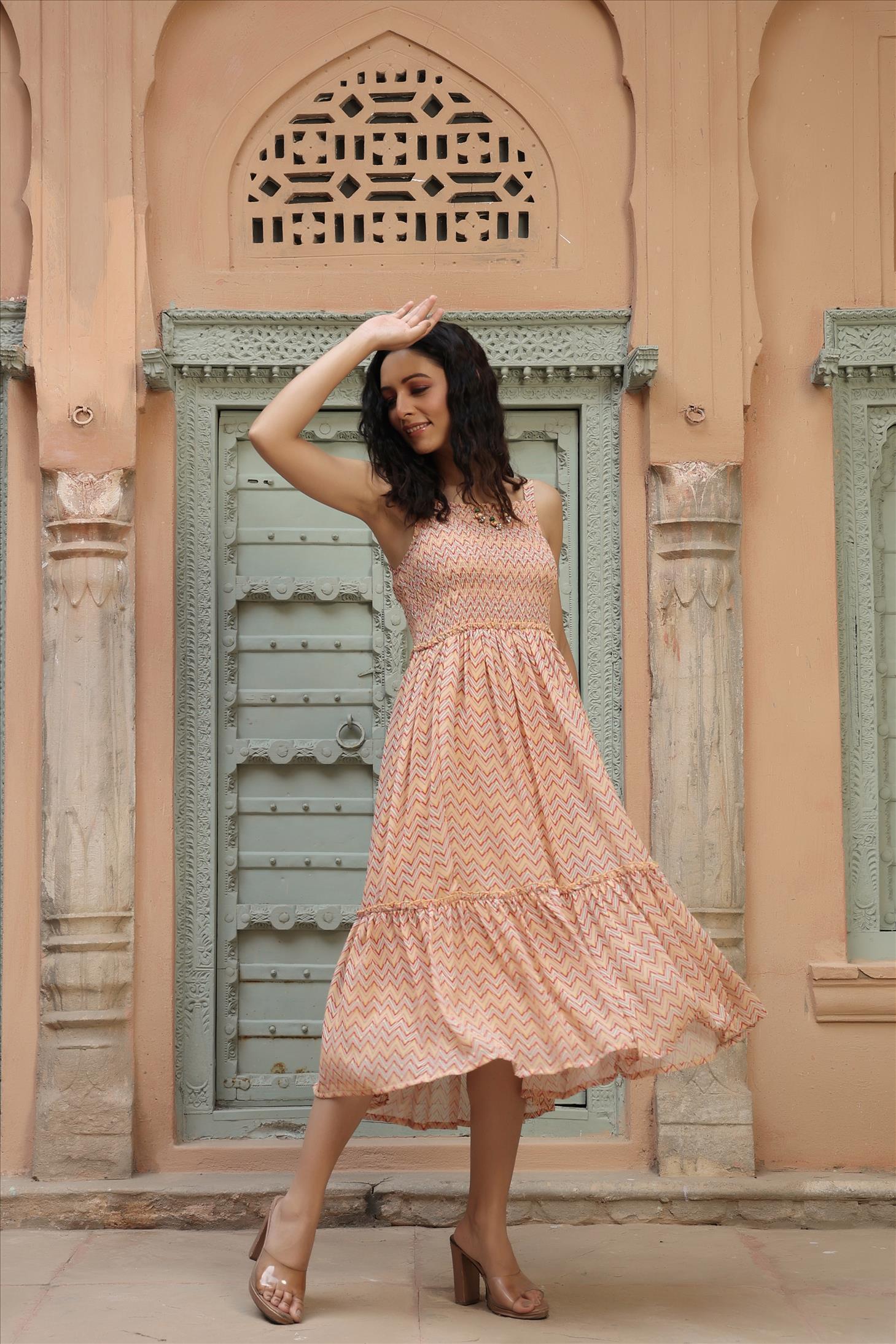 Peach Georgette Floral Print Smoking Ethnic Dress With Jacket Shrug