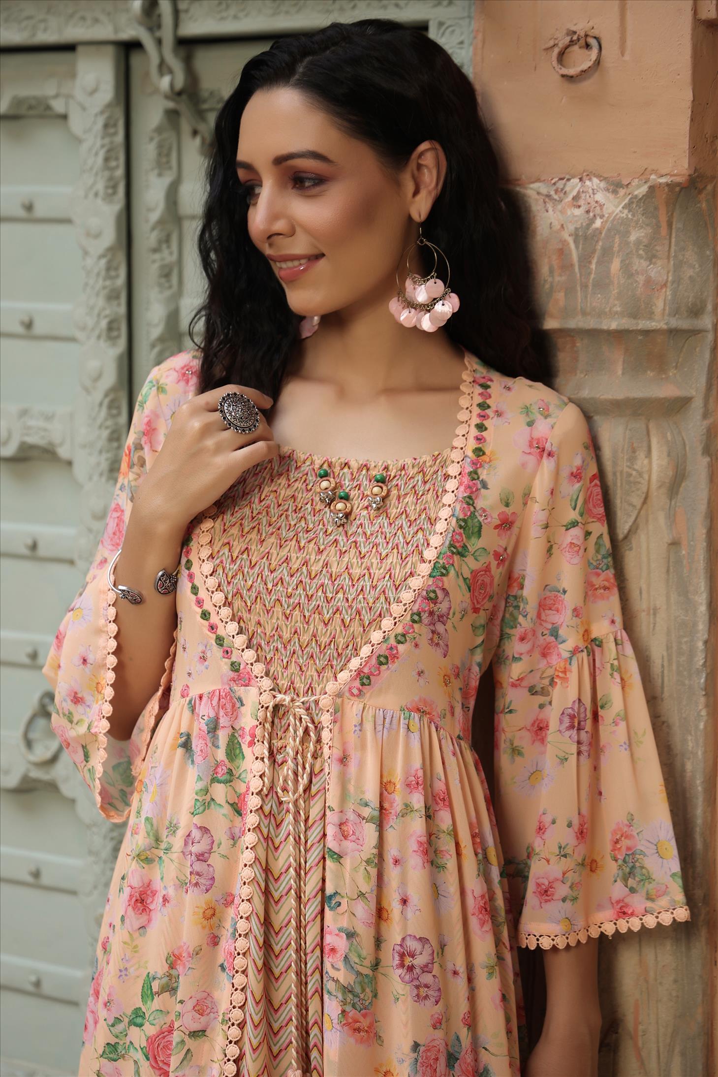 Peach Georgette Floral Print Smoking Ethnic Dress With Jacket Shrug