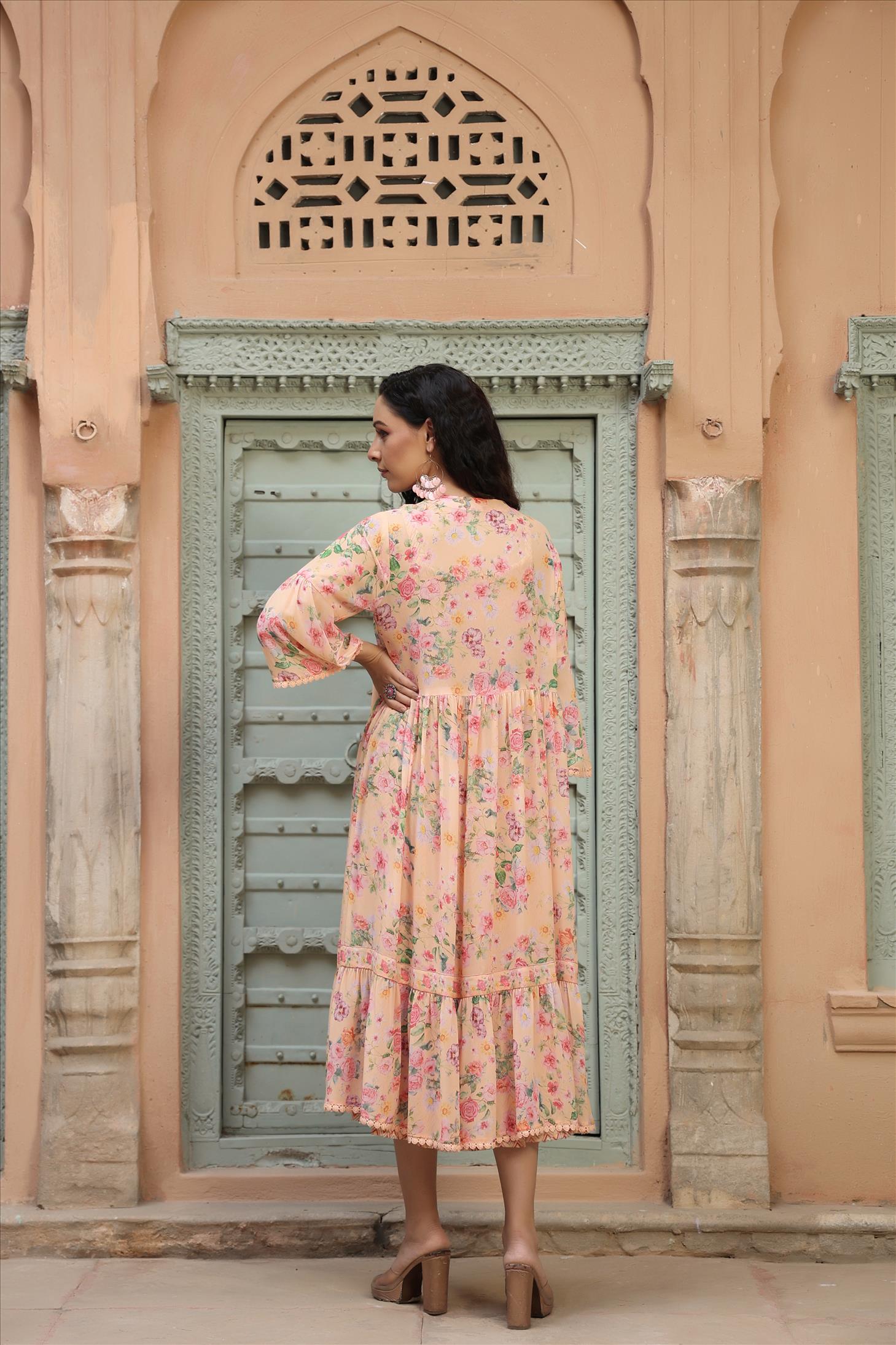 Peach Georgette Floral Print Smoking Ethnic Dress With Jacket Shrug