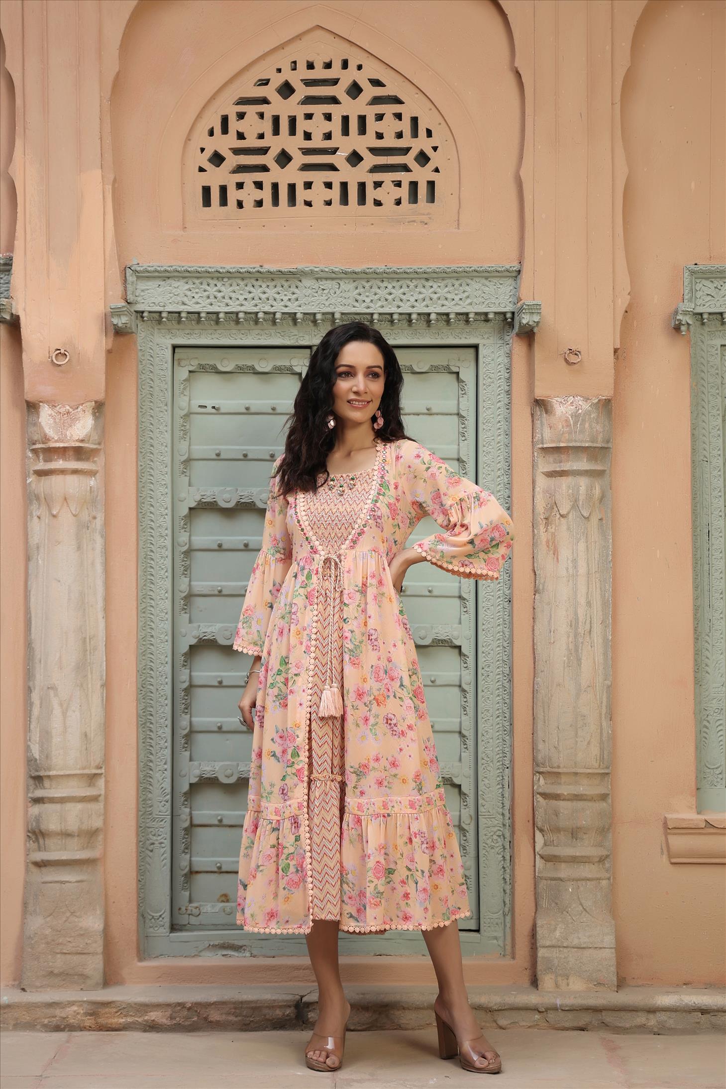 Peach Georgette Floral Print Smoking Ethnic Dress With Jacket Shrug