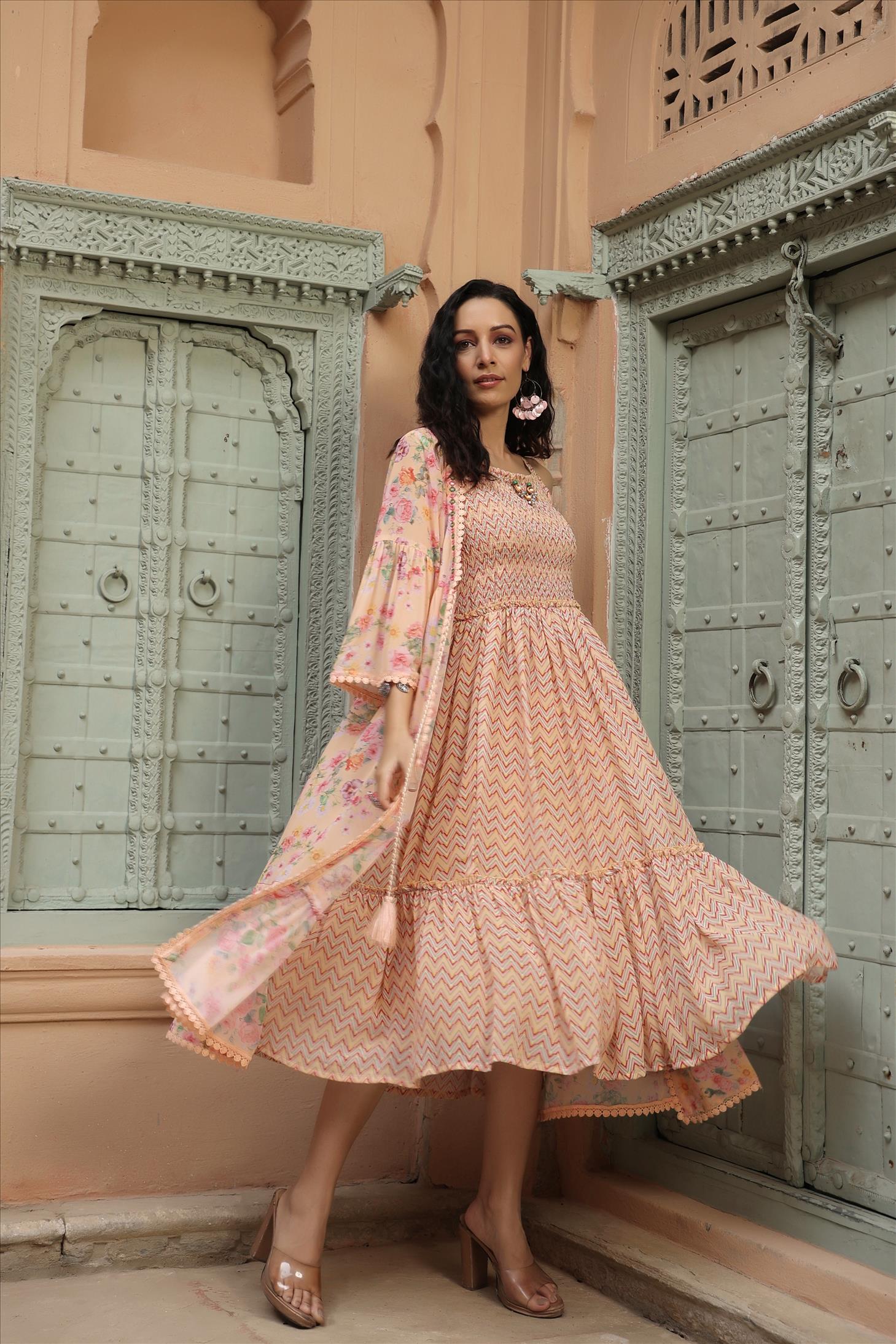 Peach Georgette Floral Print Smoking Ethnic Dress With Jacket Shrug