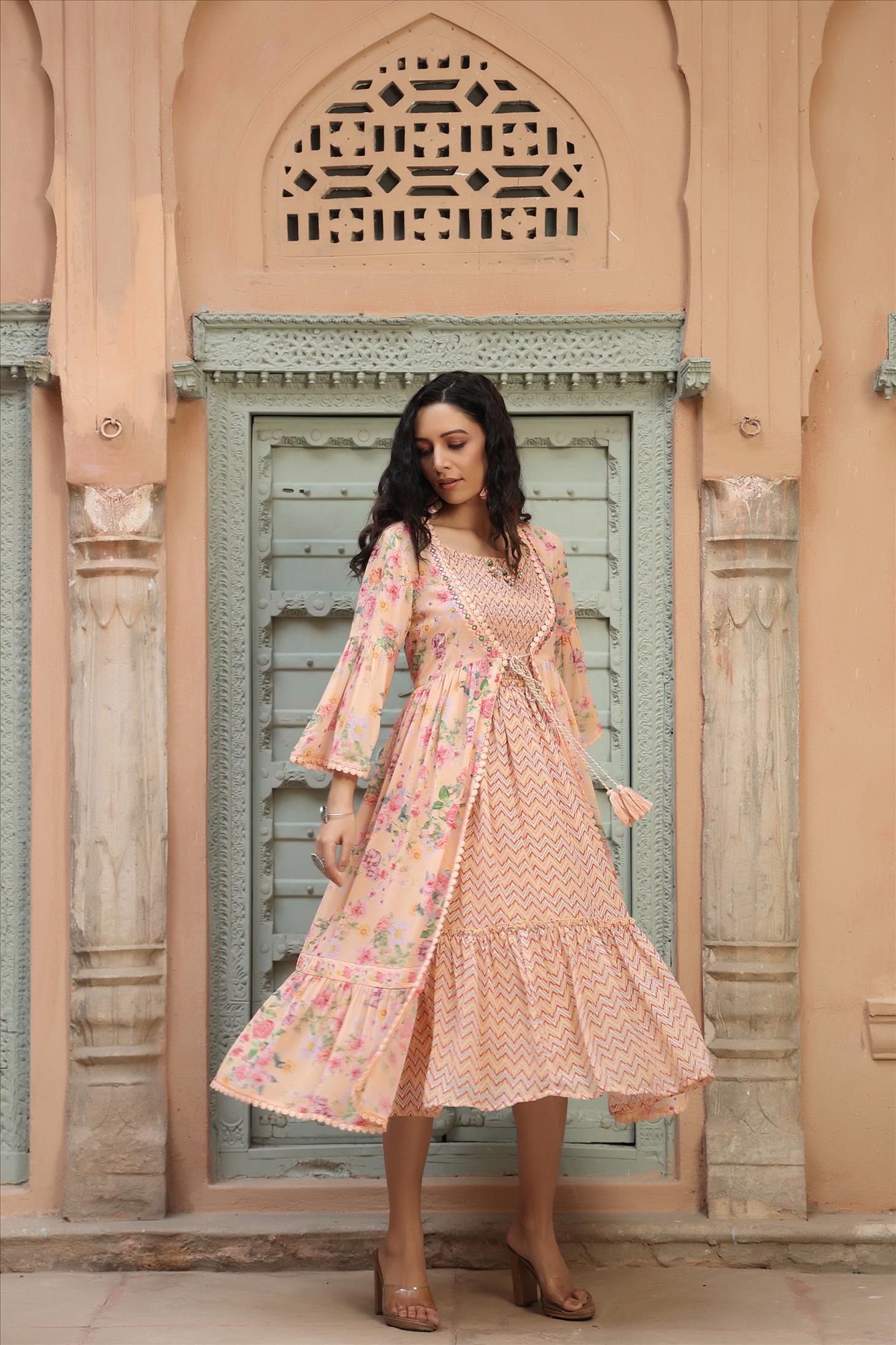 Peach Georgette Floral Print Smoking Ethnic Dress With Jacket Shrug