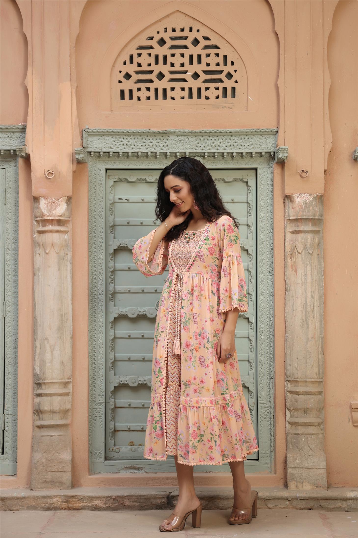 Peach Georgette Floral Print Smoking Ethnic Dress With Jacket Shrug