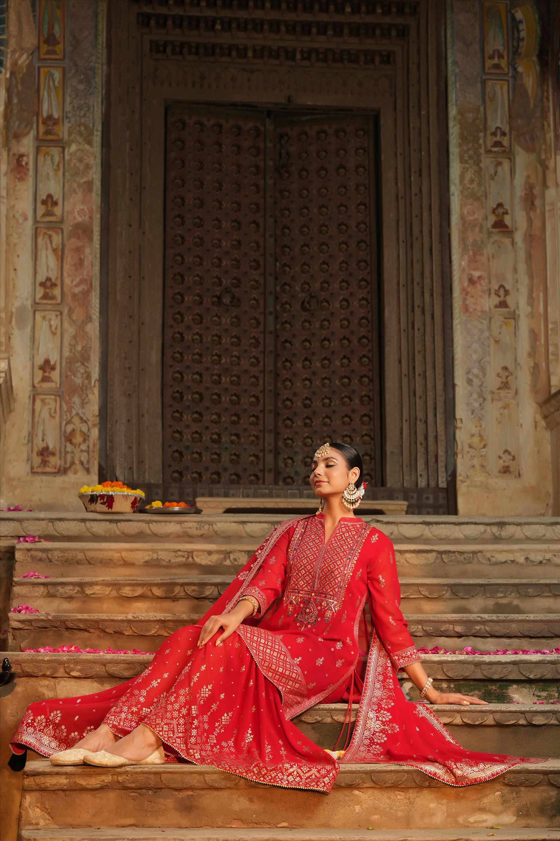 Red Georgette Foil Print Handwork Yoke Design Kurti Sharara Dupatta Set