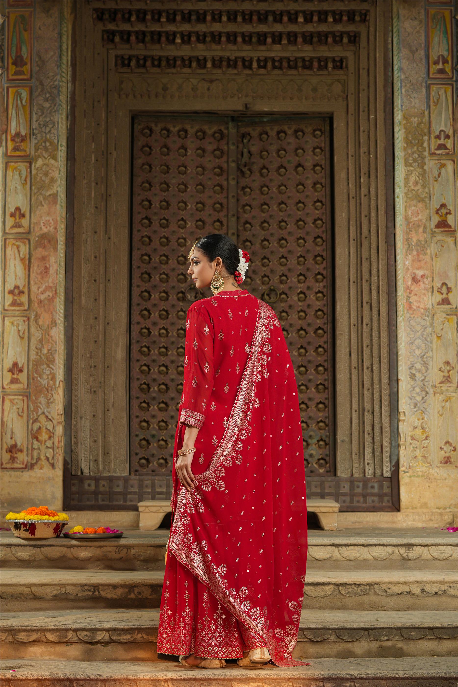 Red Georgette Foil Print Handwork Yoke Design Kurti Sharara Dupatta Set