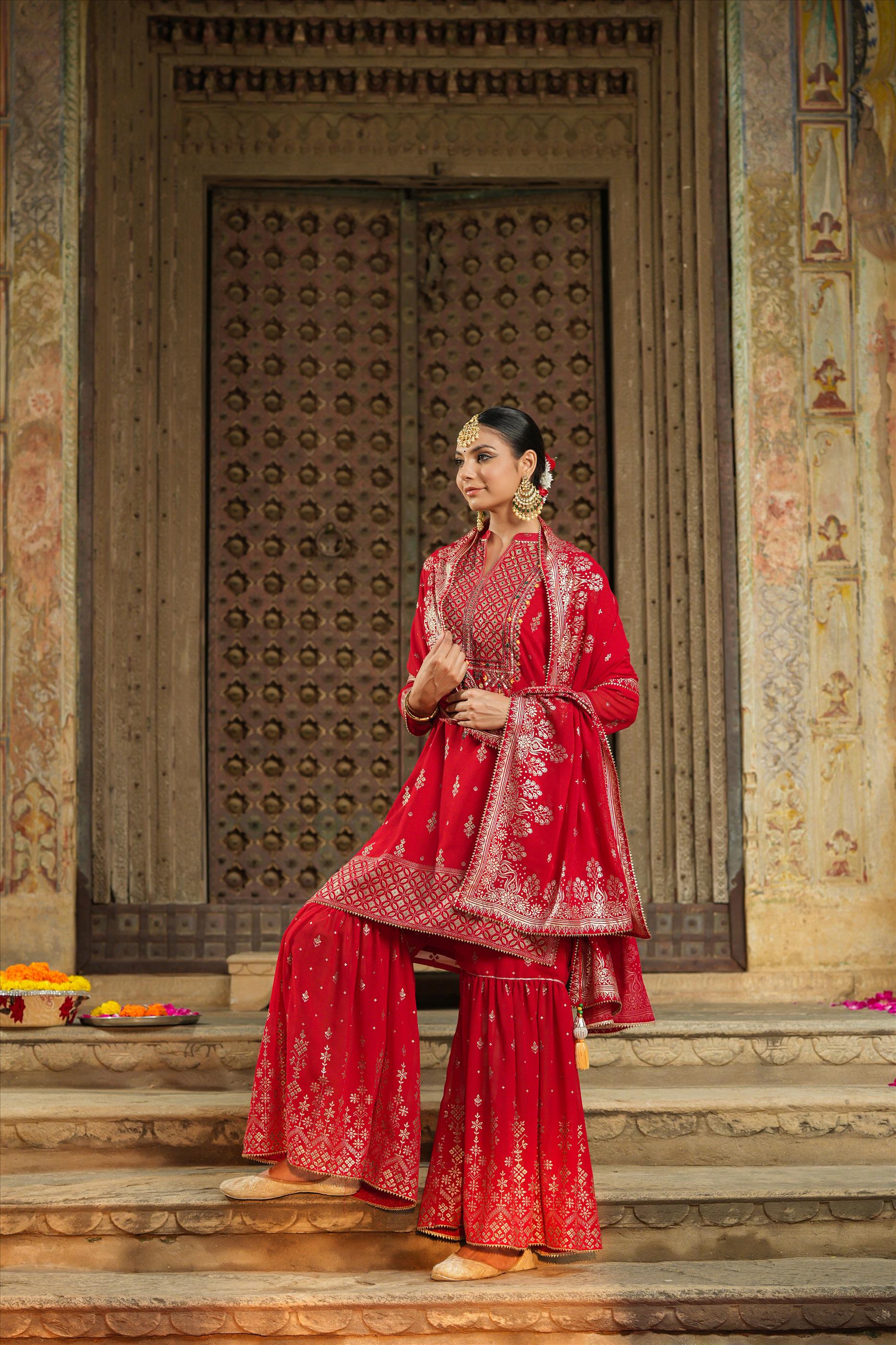 Red Georgette Foil Print Handwork Yoke Design Kurti Sharara Dupatta Set