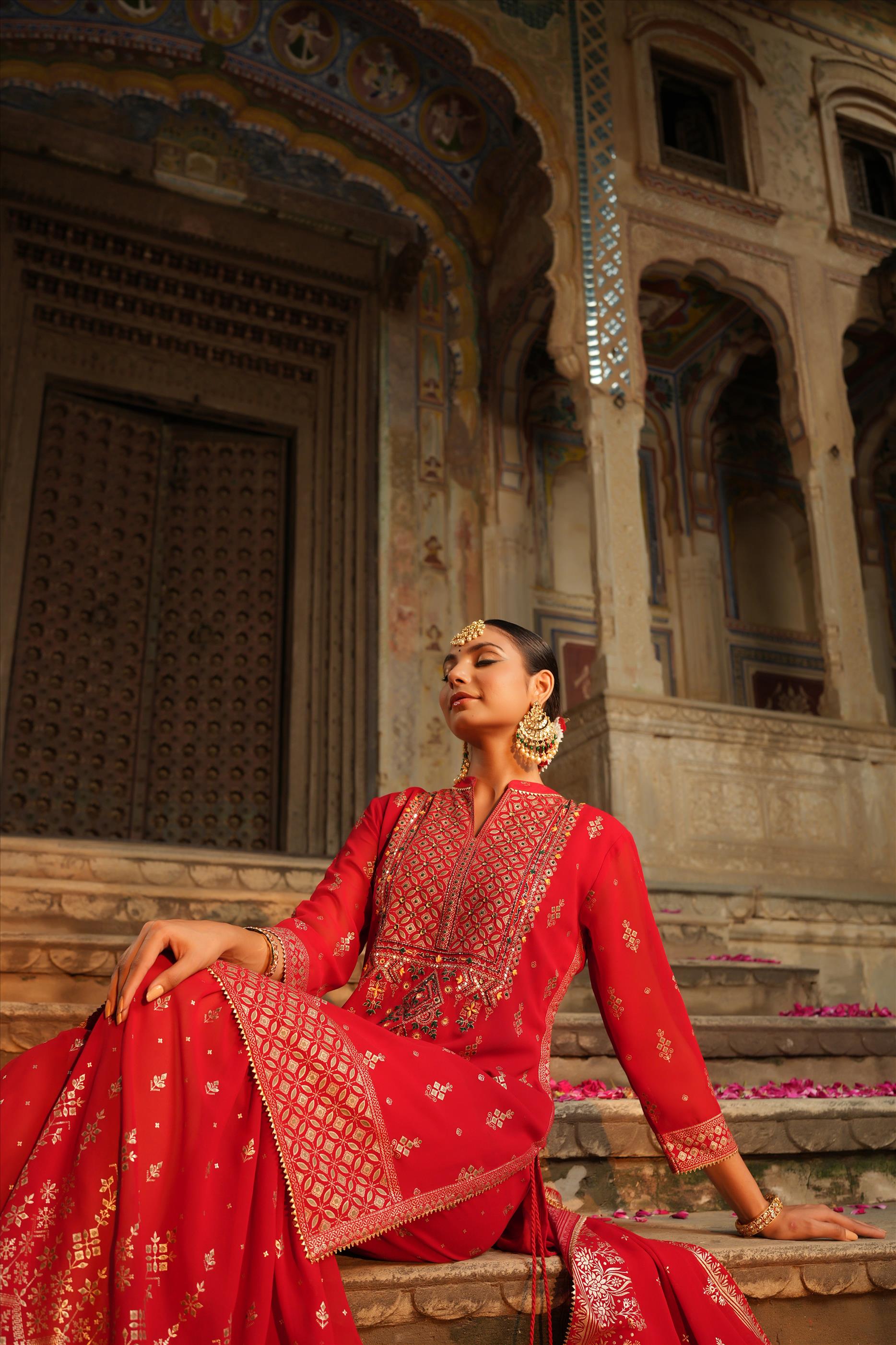 Red Georgette Foil Print Handwork Yoke Design Kurti Sharara Dupatta Set