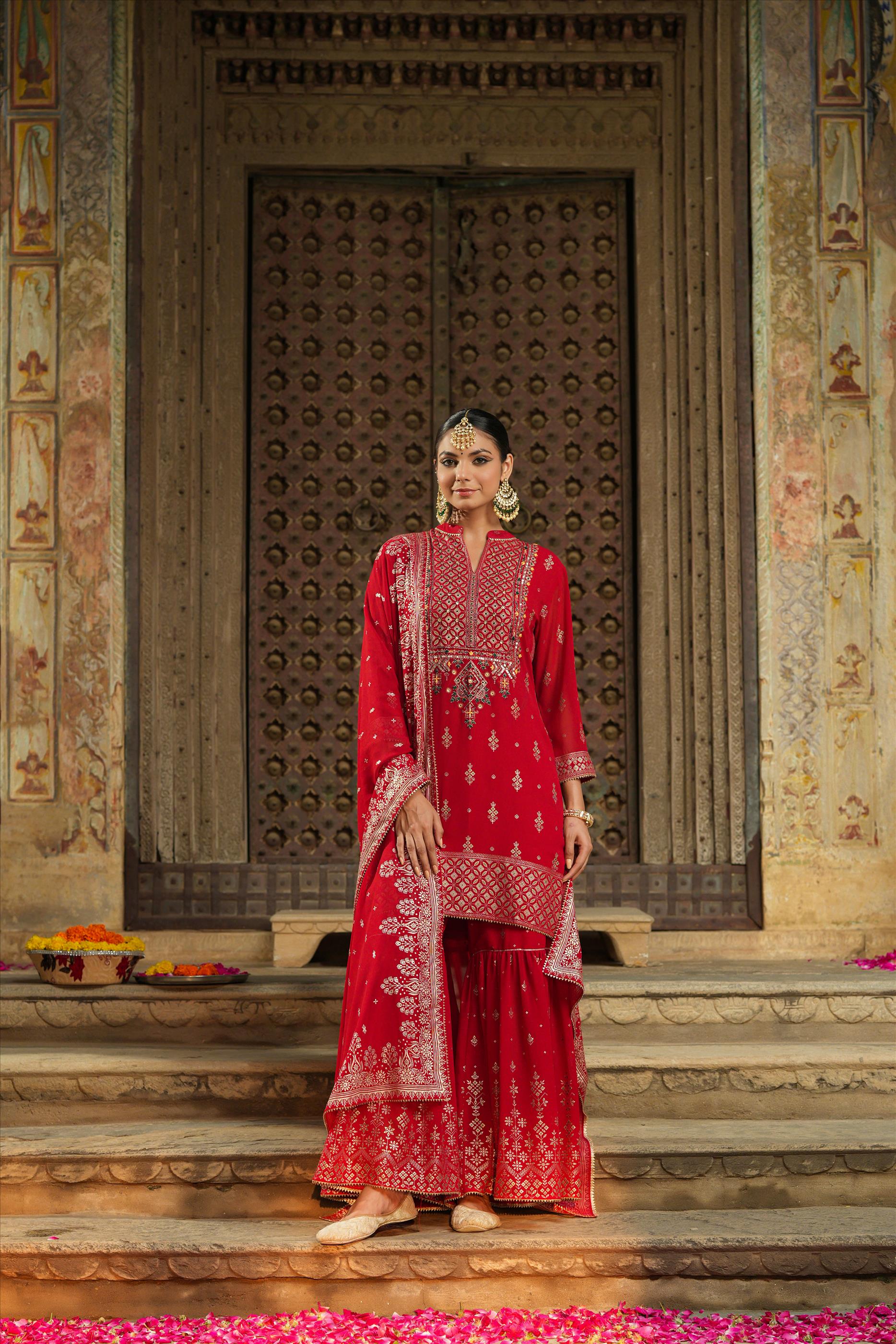Red Georgette Foil Print Handwork Yoke Design Kurti Sharara Dupatta Set
