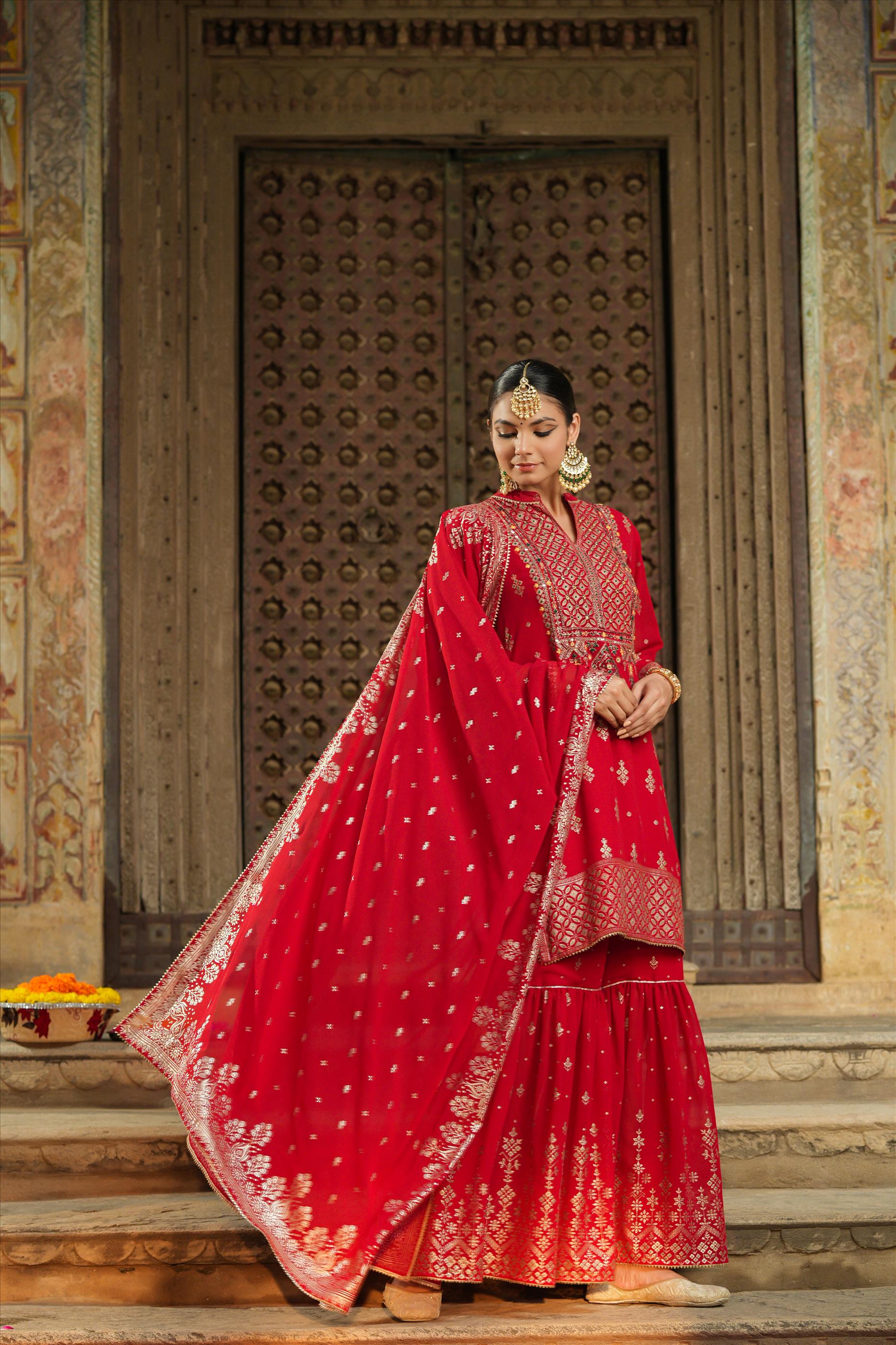 Red Georgette Foil Print Handwork Yoke Design Kurti Sharara Dupatta Set