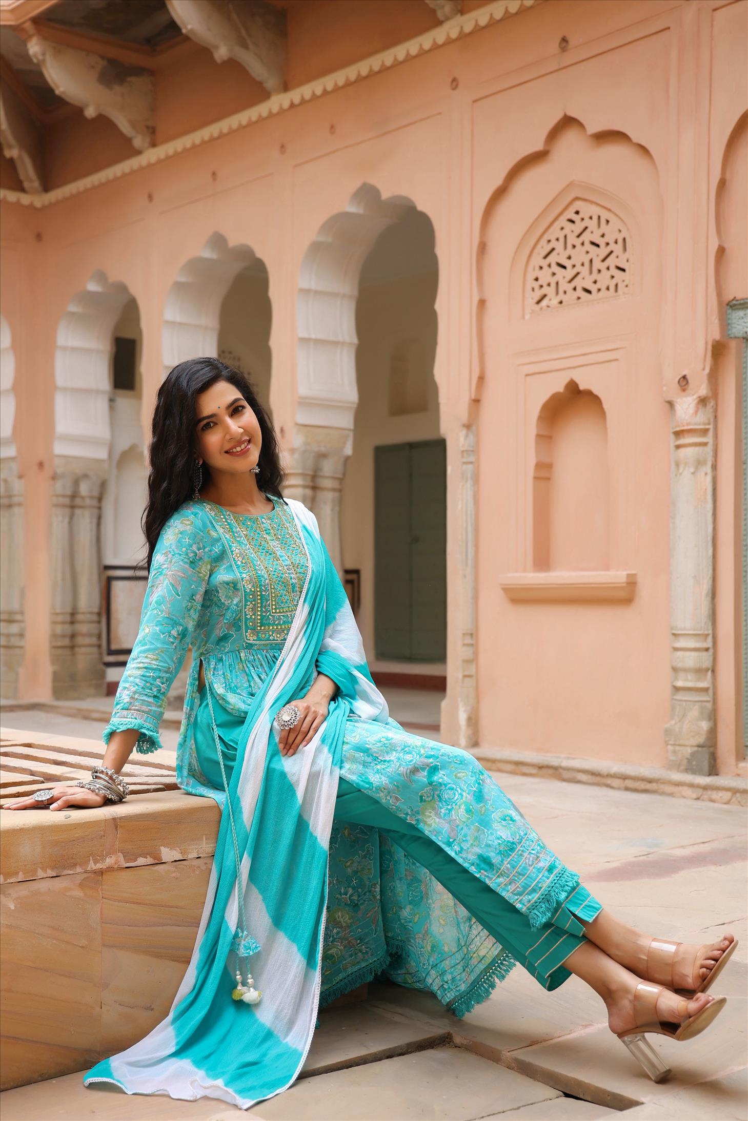 Turquoise Mul Cotton Floral Foil Print Side Slits Kurta Pant Dupatta Set