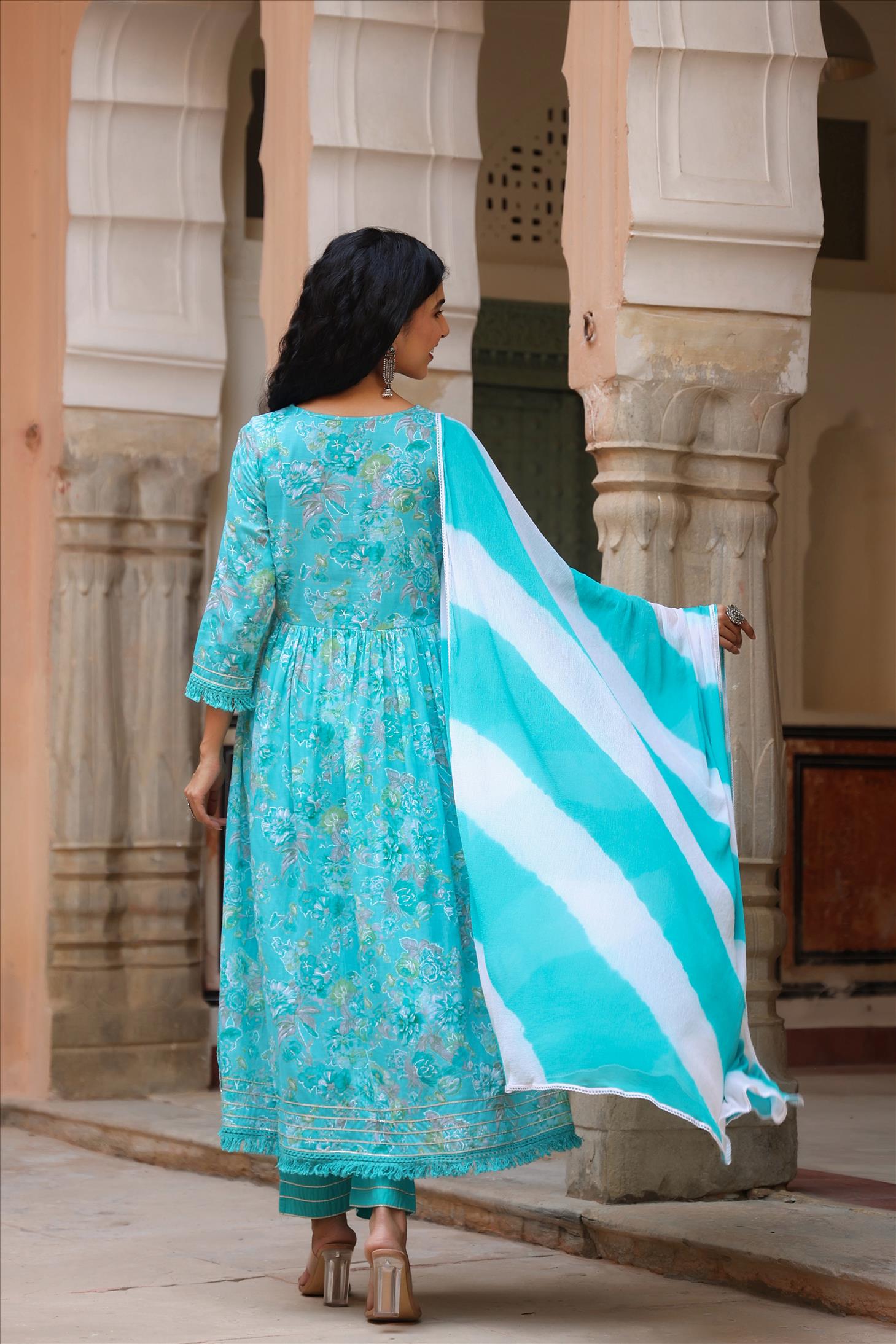 Turquoise Mul Cotton Floral Foil Print Side Slits Kurta Pant Dupatta Set