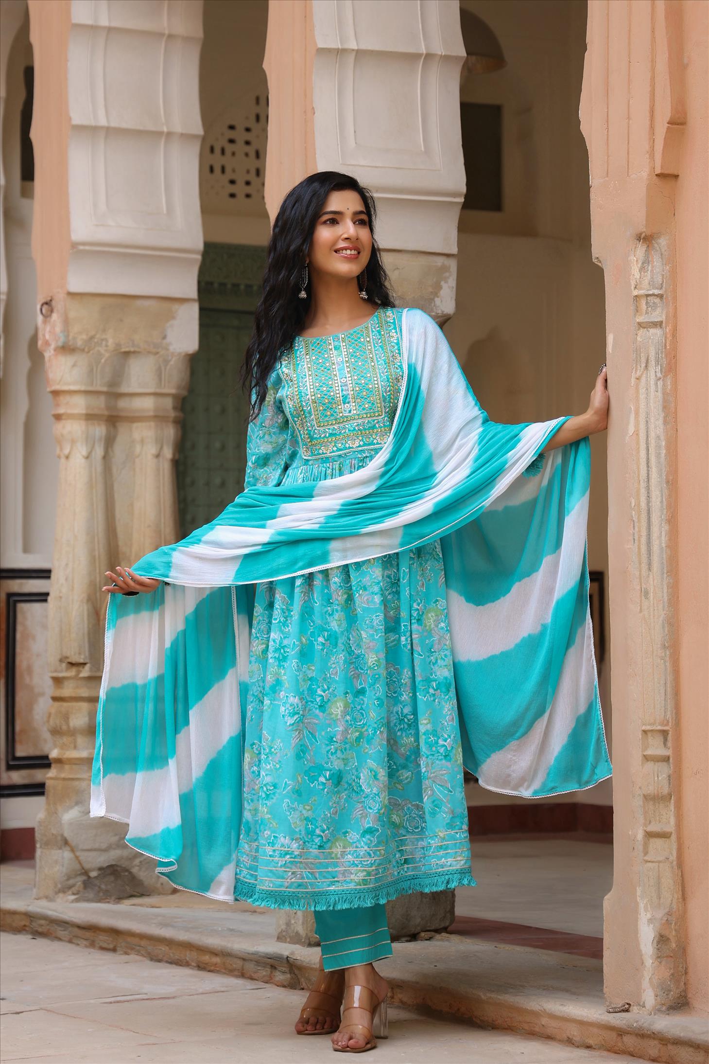 Turquoise Mul Cotton Floral Foil Print Side Slits Kurta Pant Dupatta Set