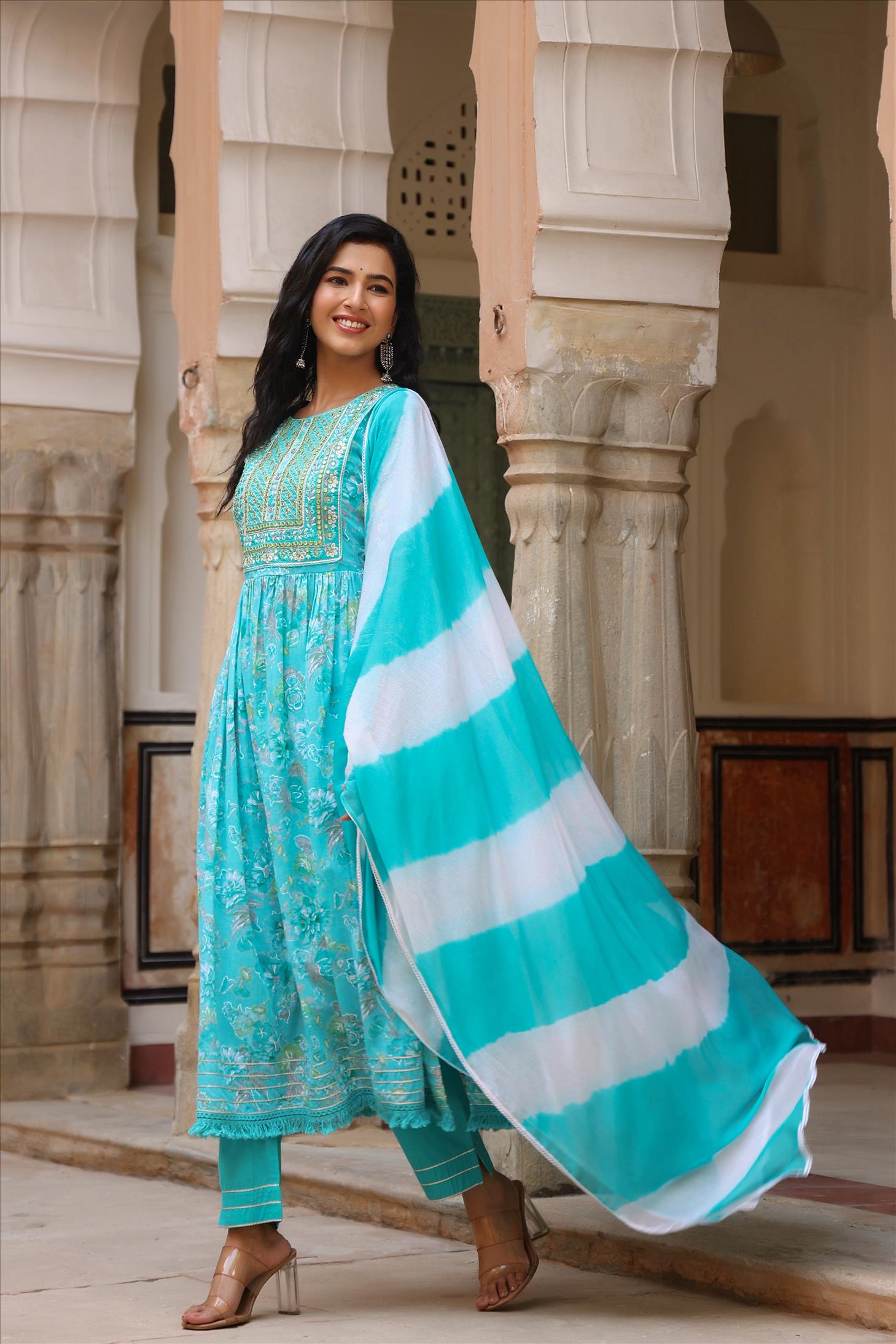 Turquoise Mul Cotton Floral Foil Print Side Slits Kurta Pant Dupatta Set