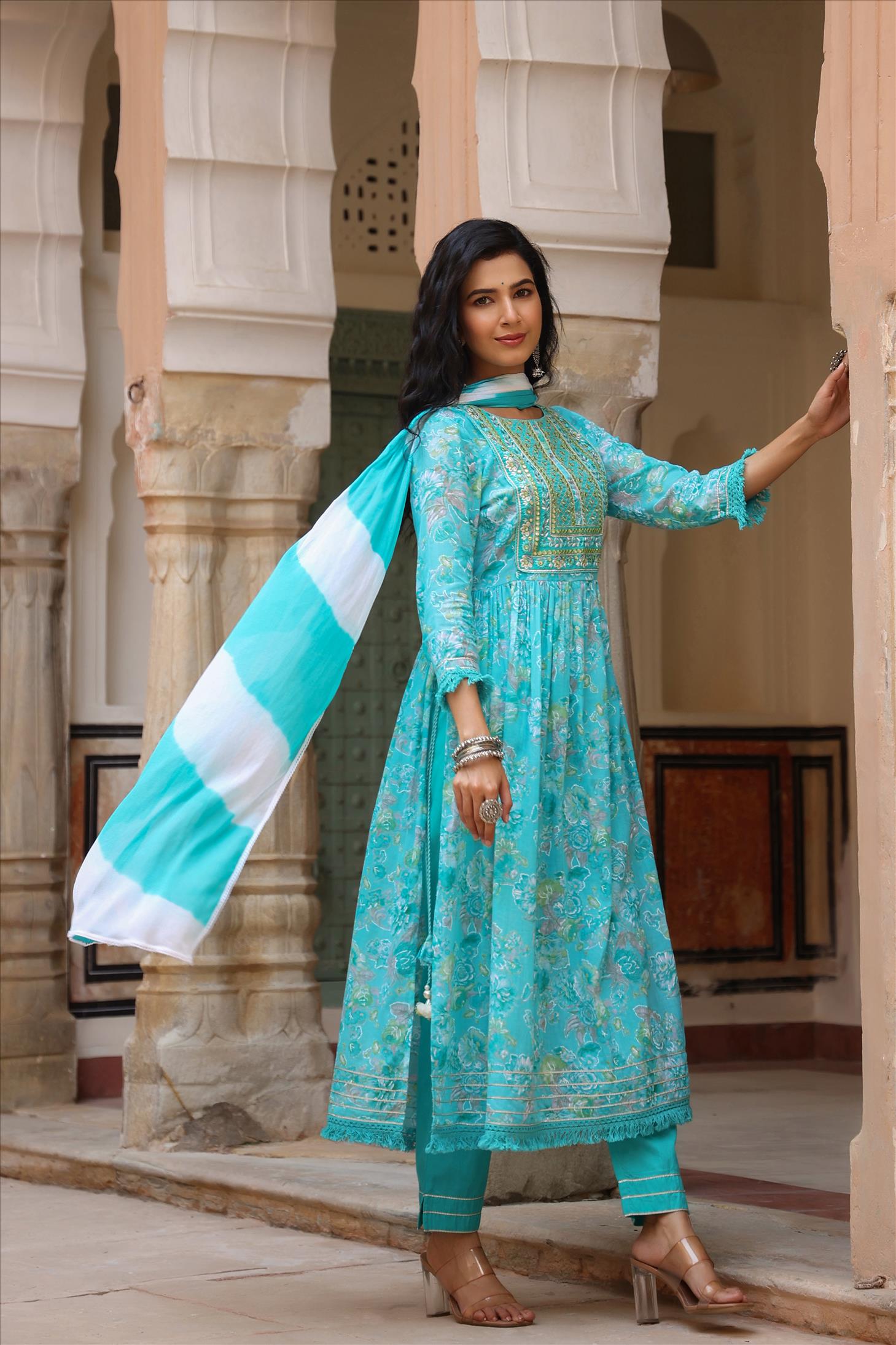 Turquoise Mul Cotton Floral Foil Print Side Slits Kurta Pant Dupatta Set