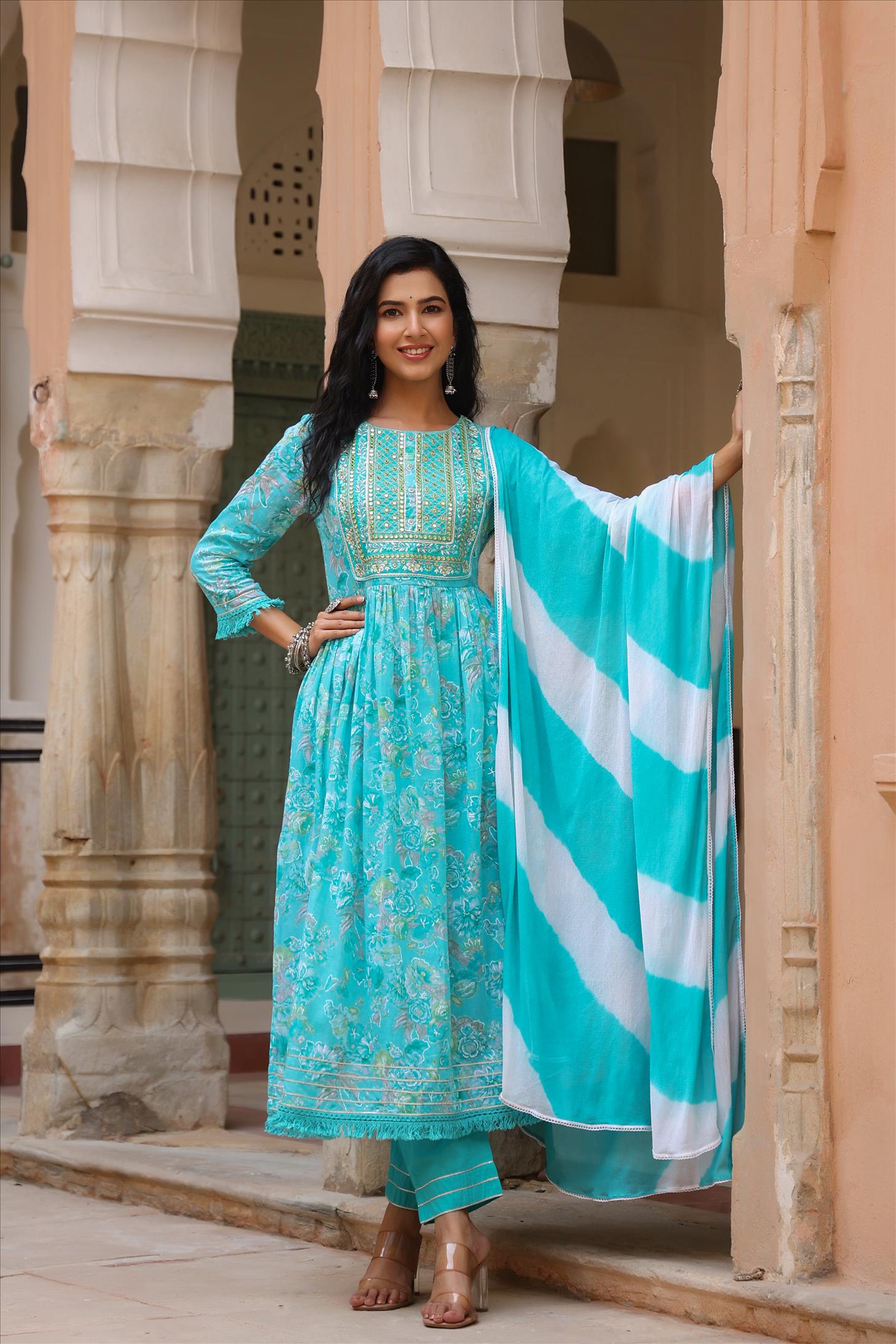 Turquoise Mul Cotton Floral Foil Print Side Slits Kurta Pant Dupatta Set
