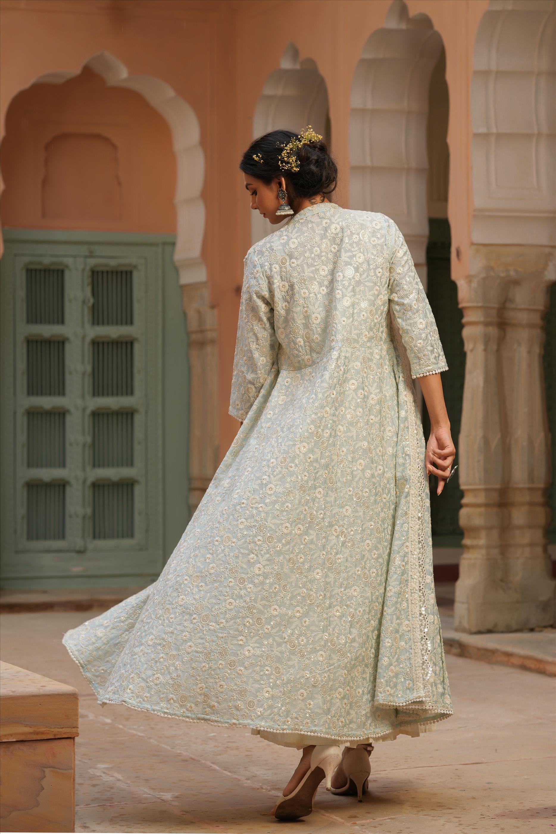 Blue Cotton Dobby Anarkali Dress With Chanderi Chikankari Jacket