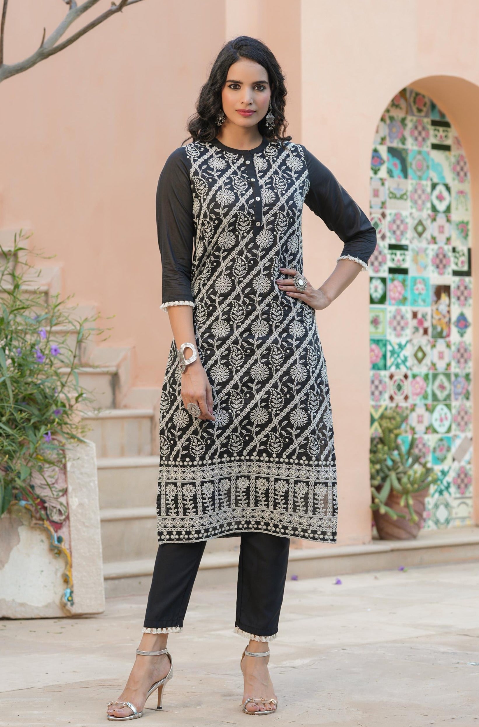 Black Viscose Chanderi Silk Chikankari Embroidered Co-Ord Set