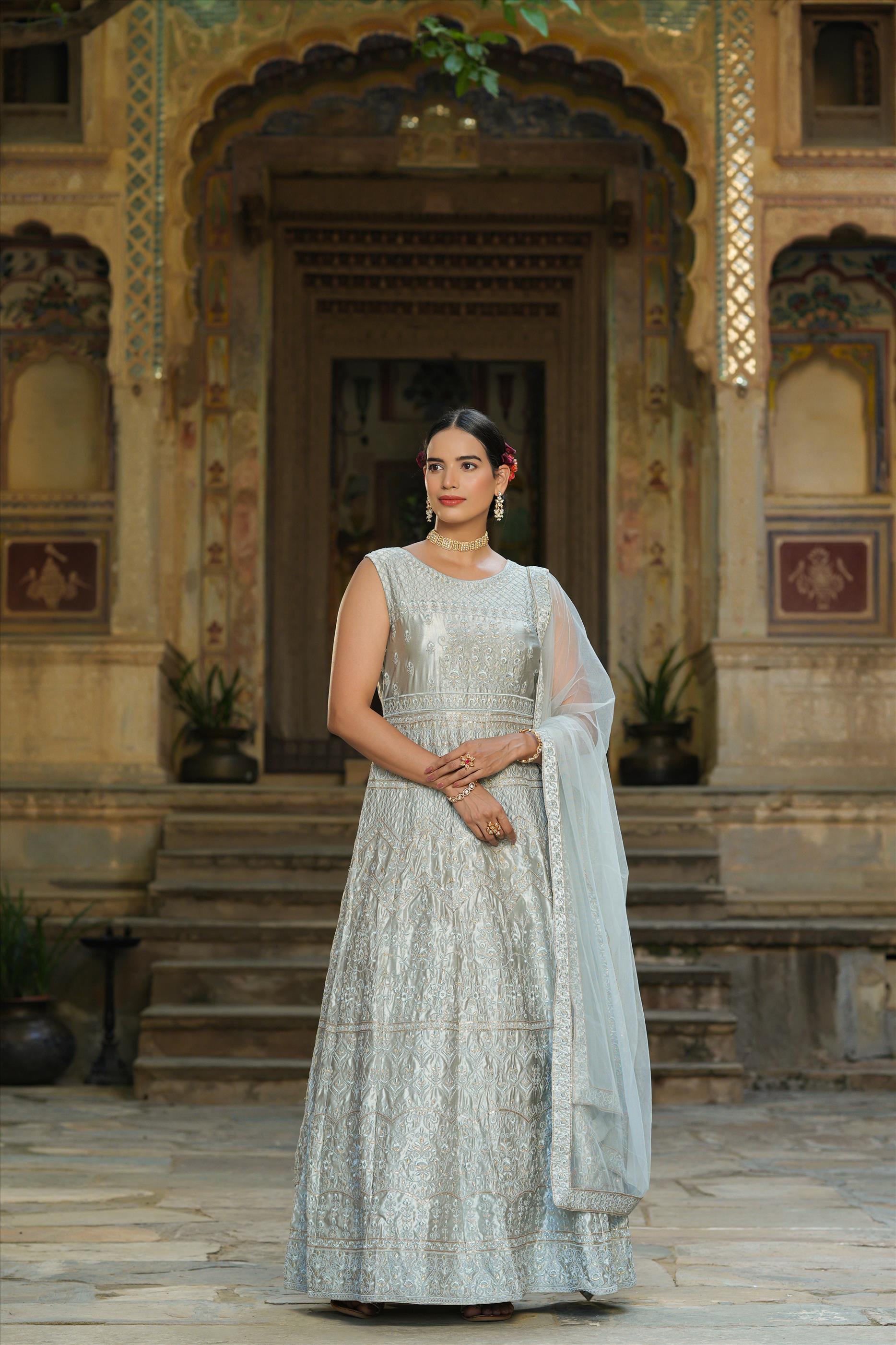 Grey Moss Satin Embroidered Anarkali Gown With Net Dupatta