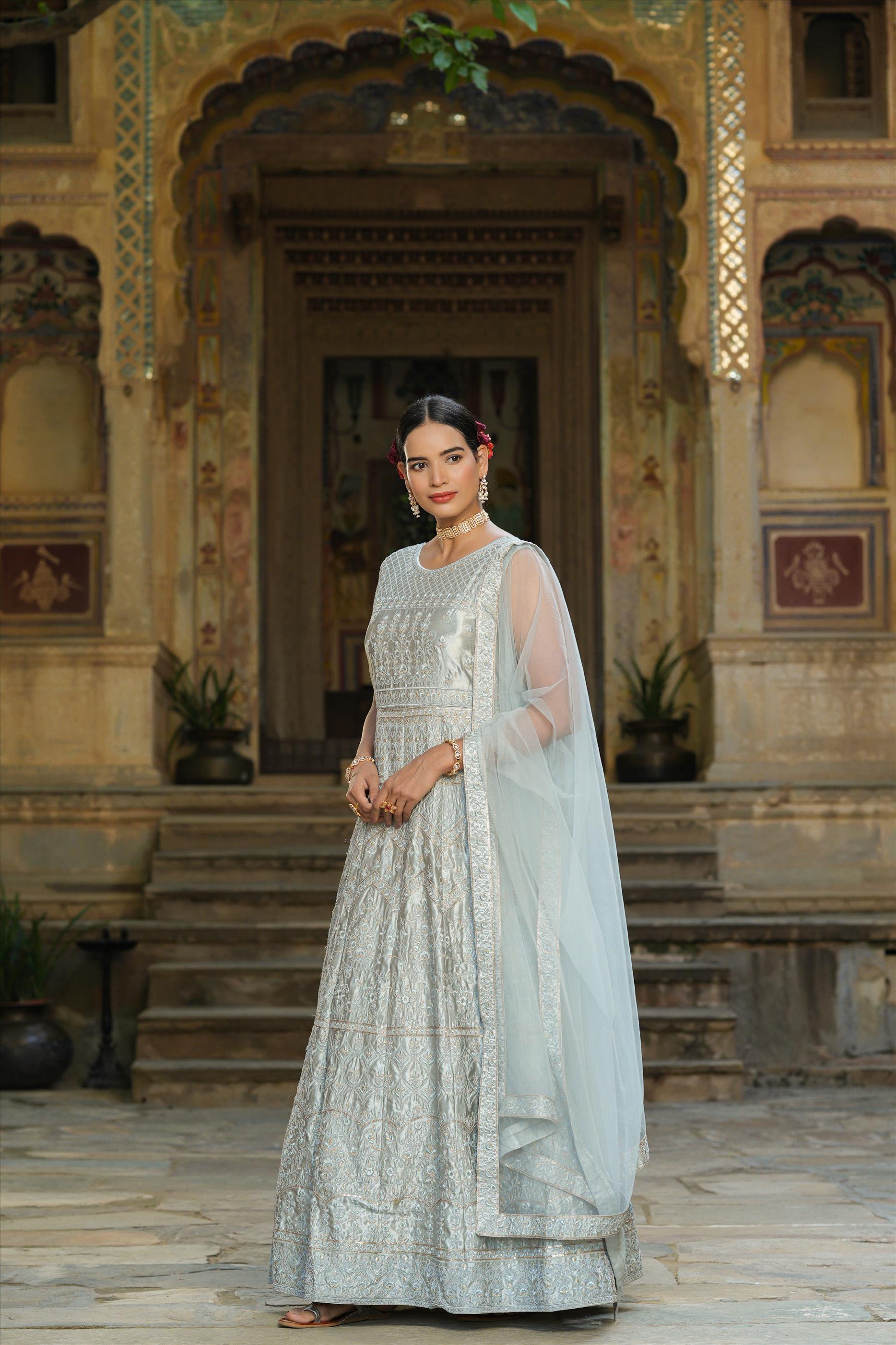 Grey Moss Satin Embroidered Anarkali Gown With Net Dupatta
