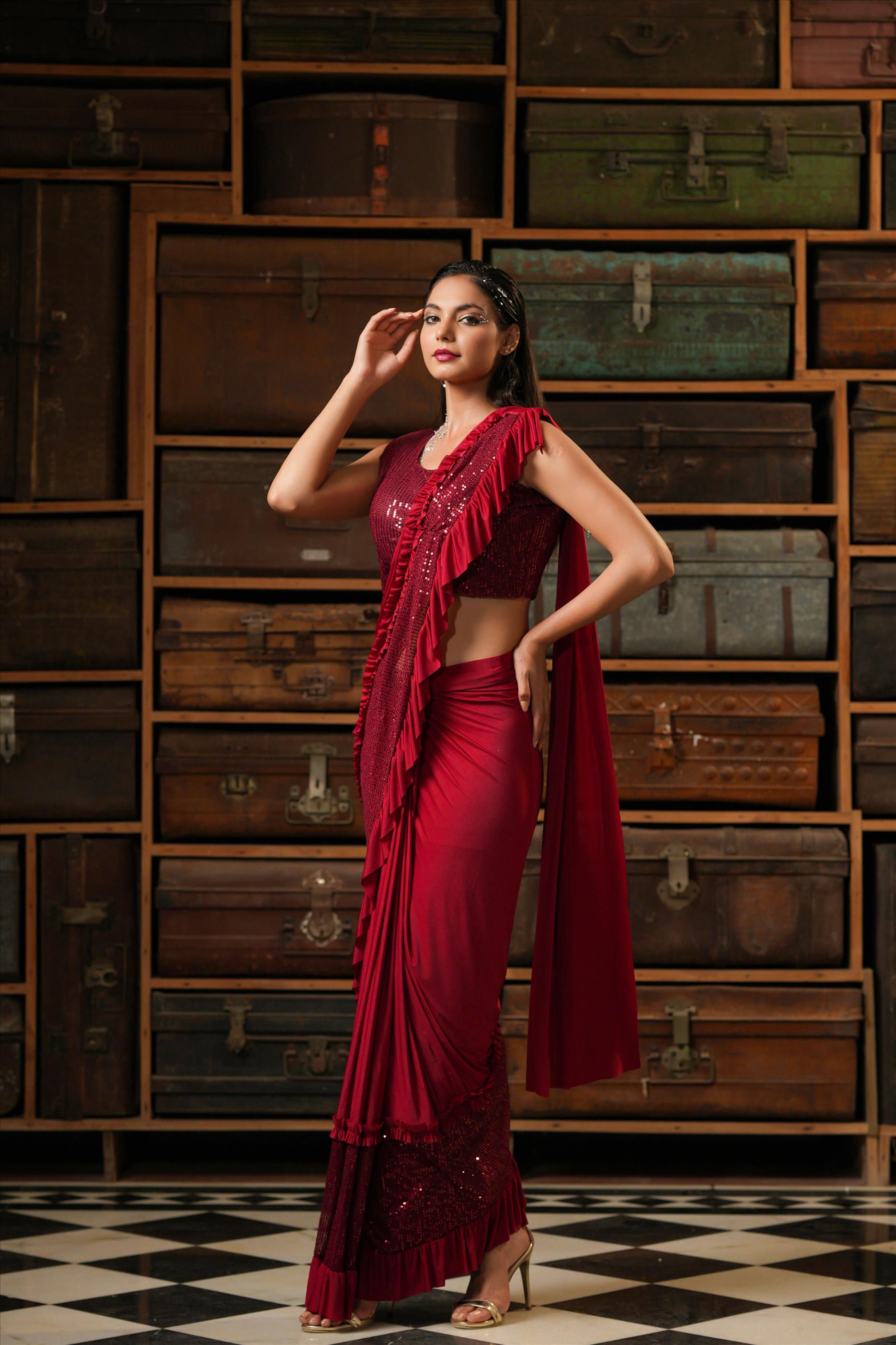 Red Lycra Ready To Wear Pre Draped Cocktail Sequinned Saree With Stitched Blouse