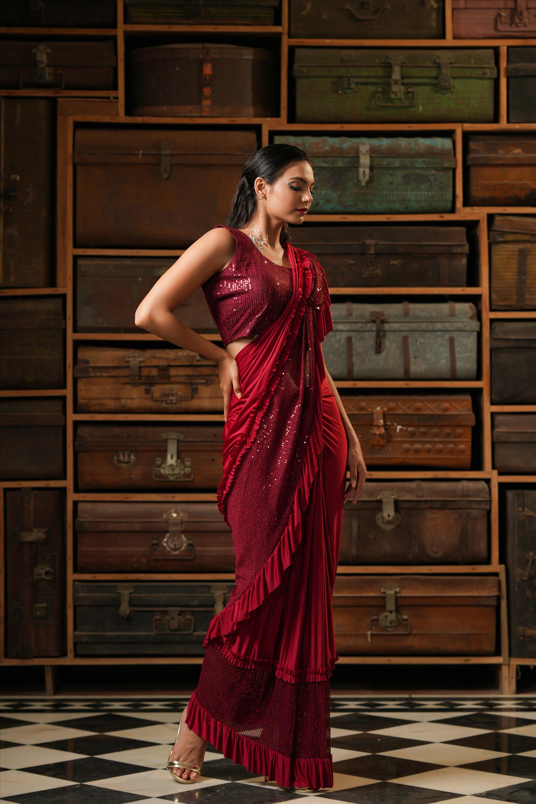 Red Lycra Ready To Wear Pre Draped Cocktail Sequinned Saree With Stitched Blouse
