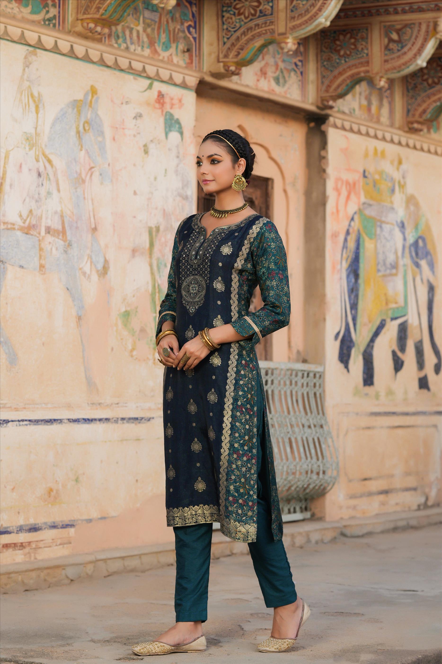 Teal Cotton Silk Banarasi Jacquard Kurta Pant Set