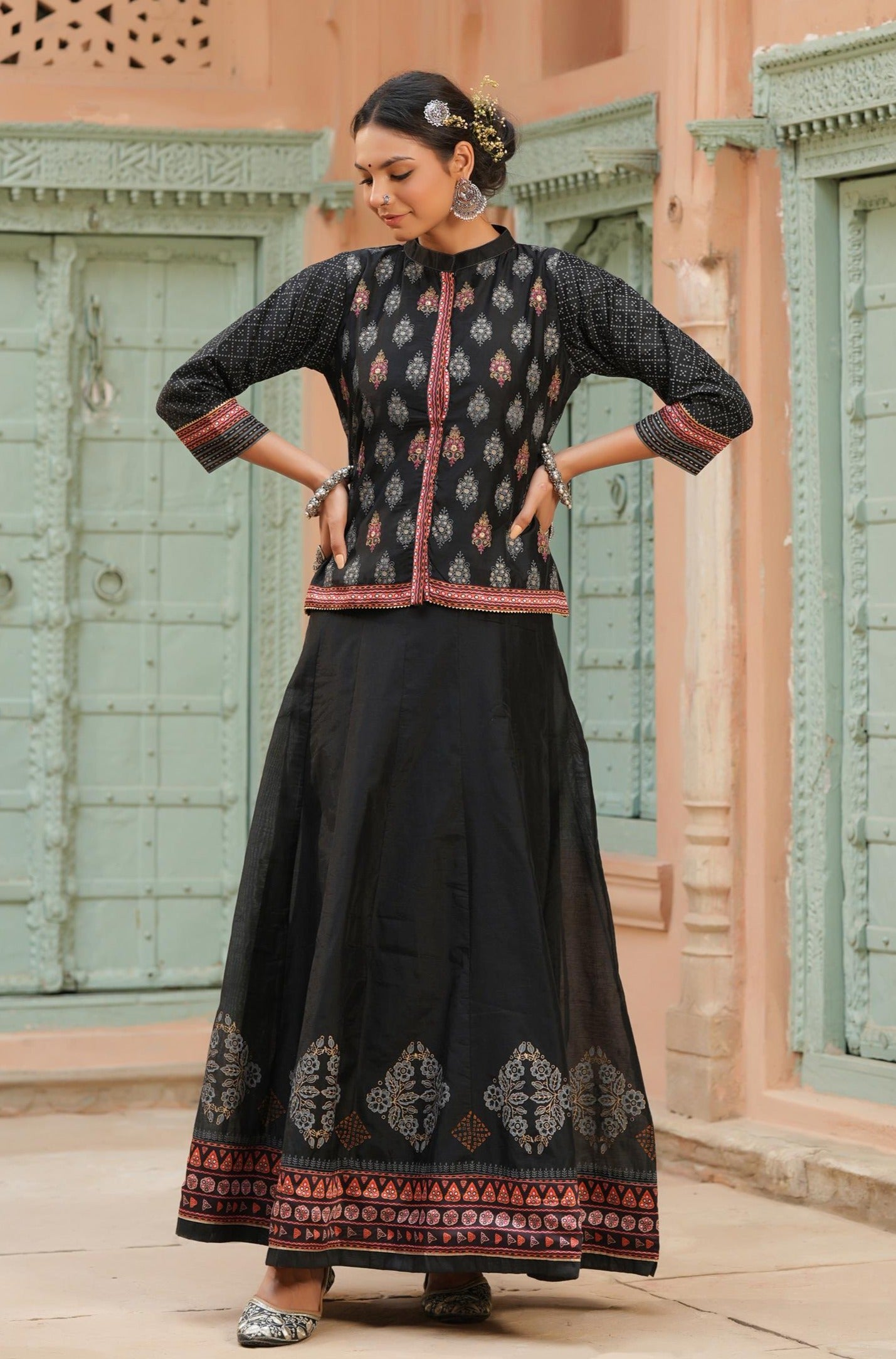 Black Banarasi Kora Silk Tribal Print Anarkali Dress With Block Printed Jacket