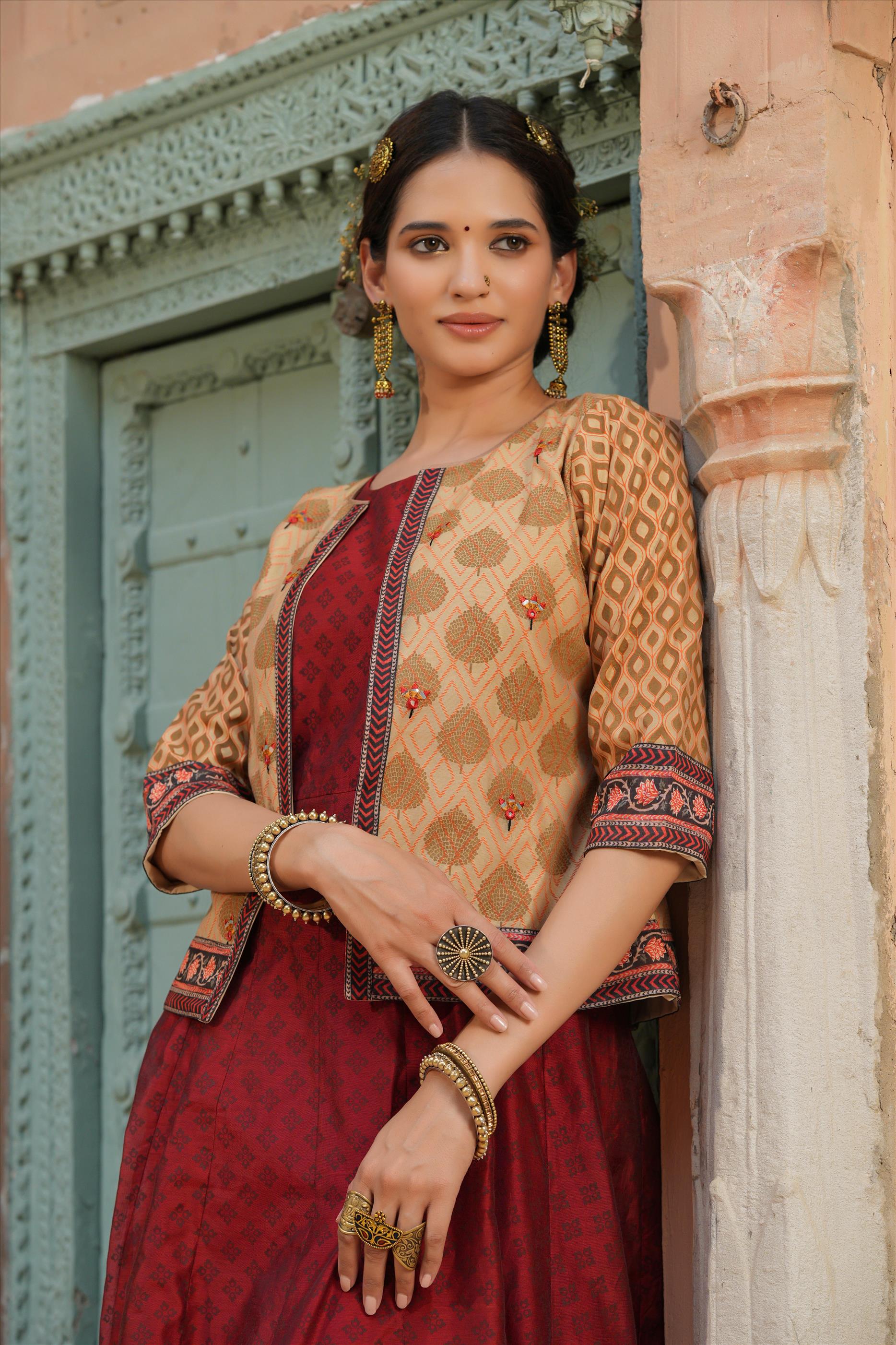 Maroon Banarasi Kora Silk Ajrakh Print Anarkali Dress With Block Printed Jacket
