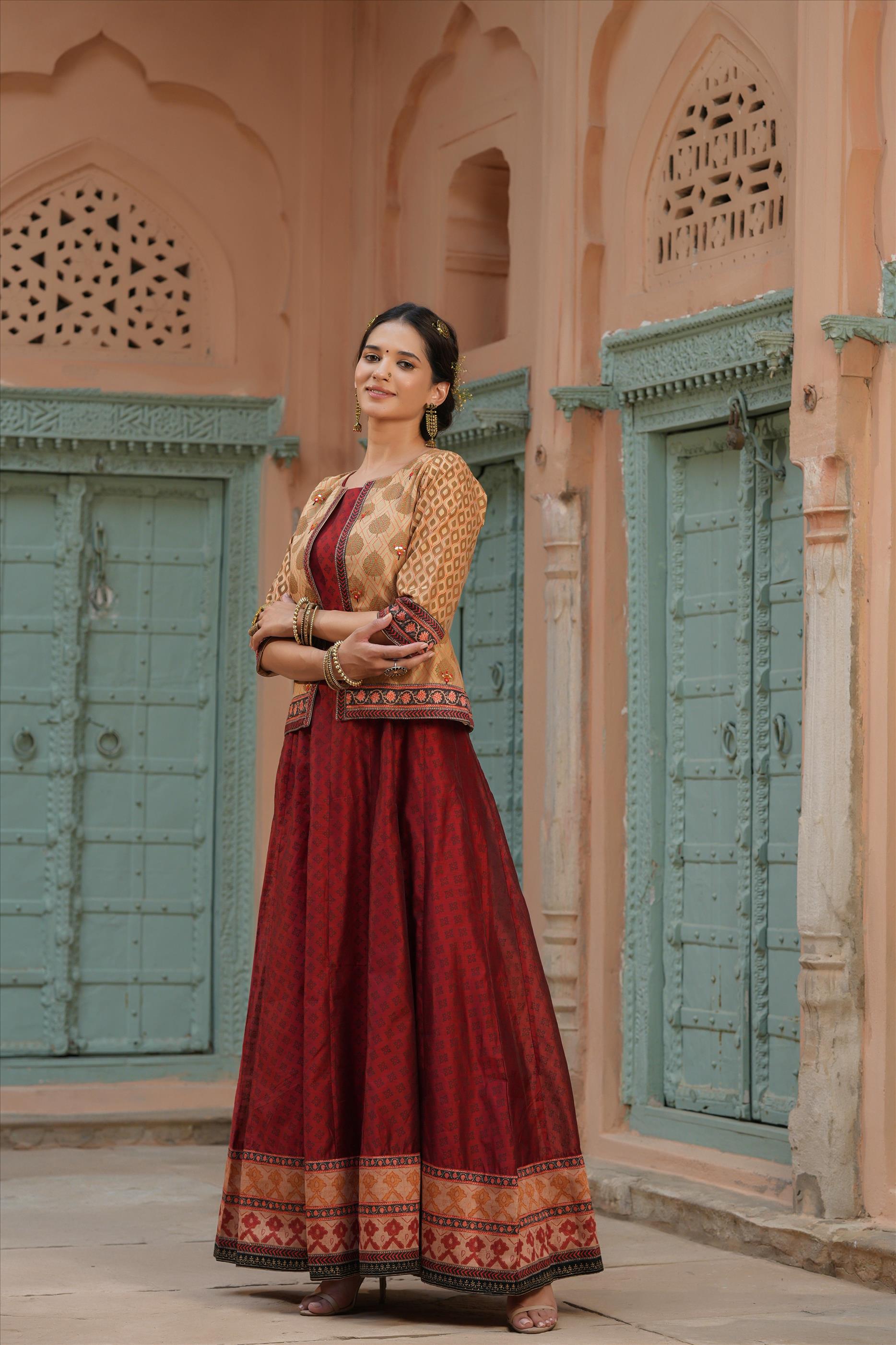 Maroon Banarasi Kora Silk Ajrakh Print Anarkali Dress With Block Printed Jacket