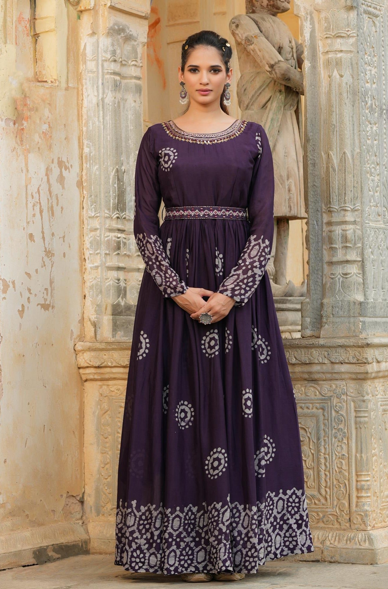 Purple Chinon Silk Block Print Anarkali Dress With Embroidered Belt