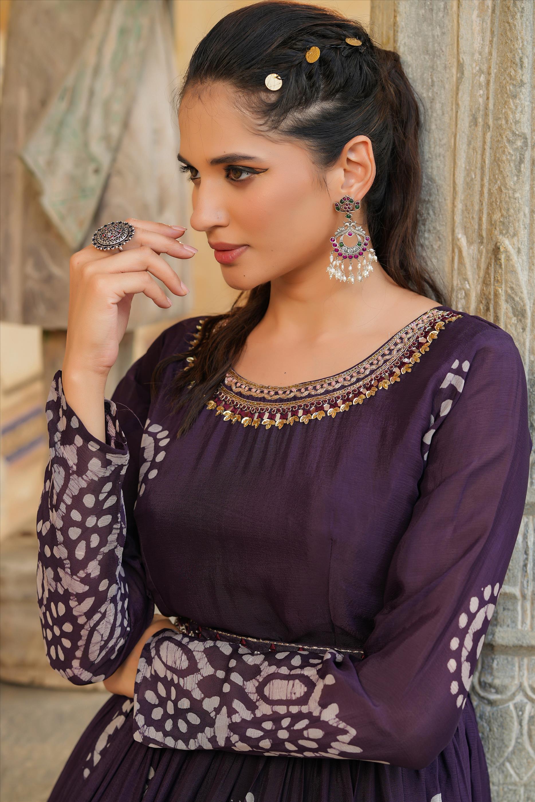 Purple Chinon Silk Block Print Anarkali Dress With Embroidered Belt