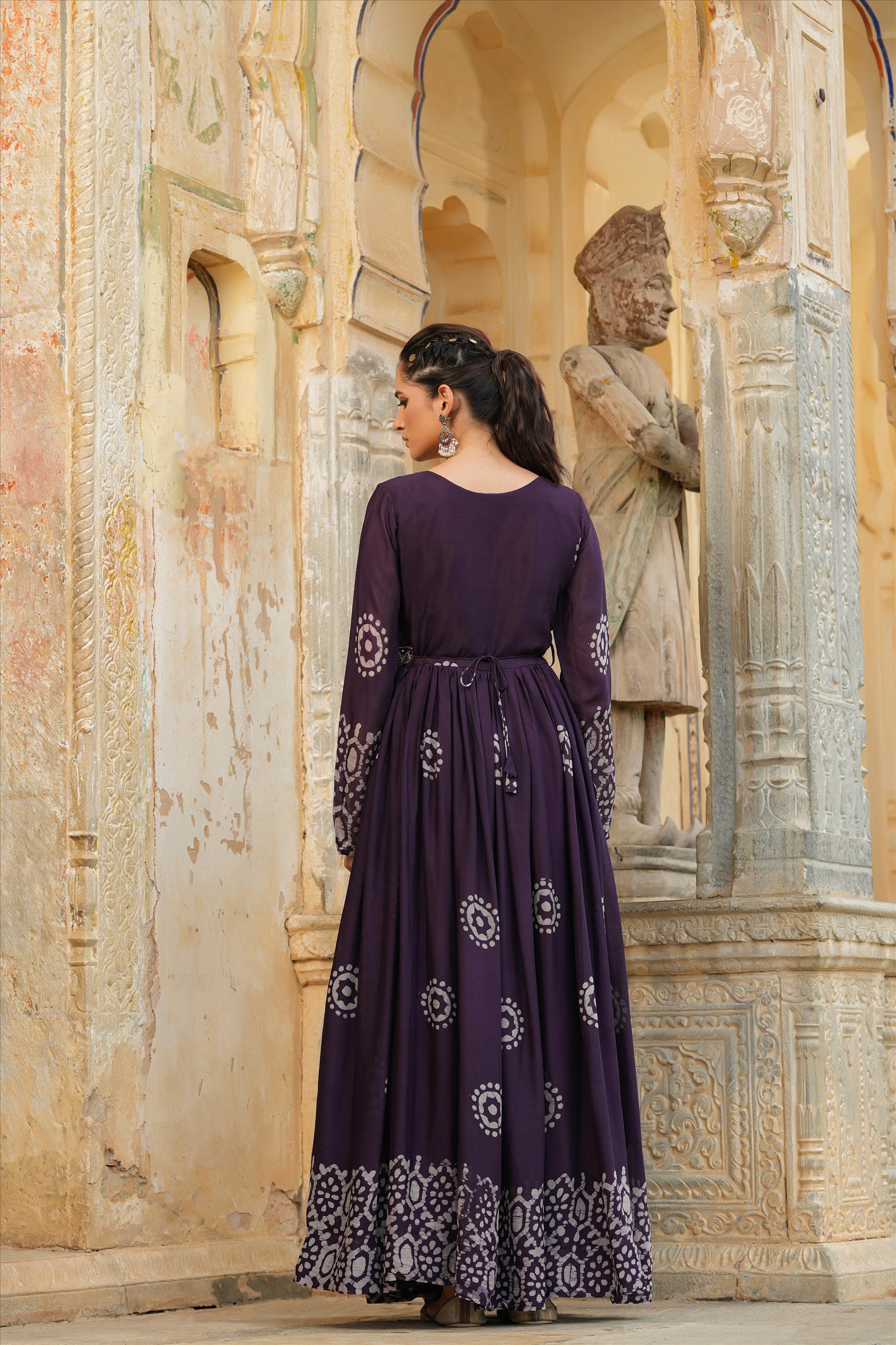 Purple Chinon Silk Block Print Anarkali Dress With Embroidered Belt