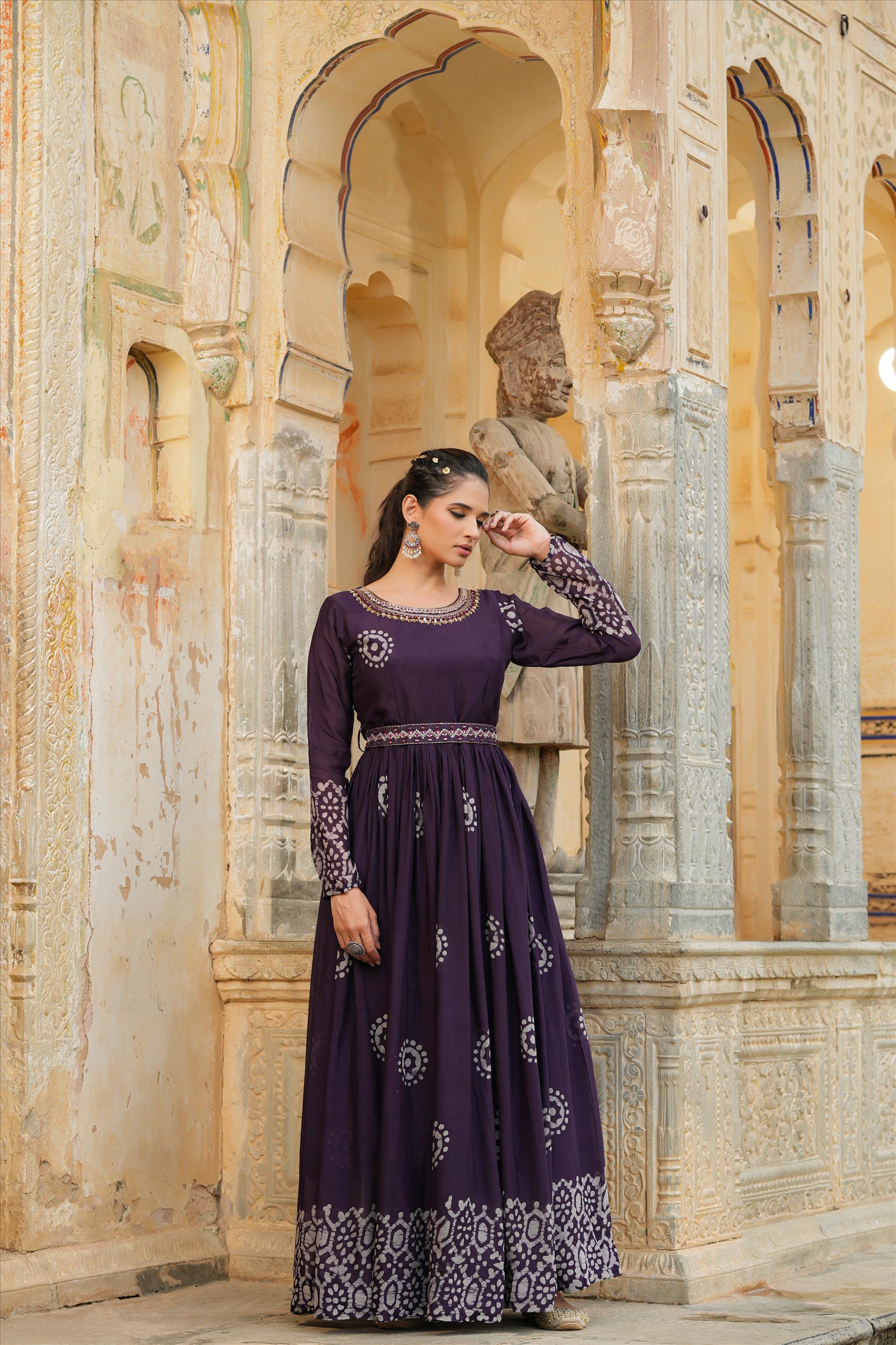 Purple Chinon Silk Block Print Anarkali Dress With Embroidered Belt