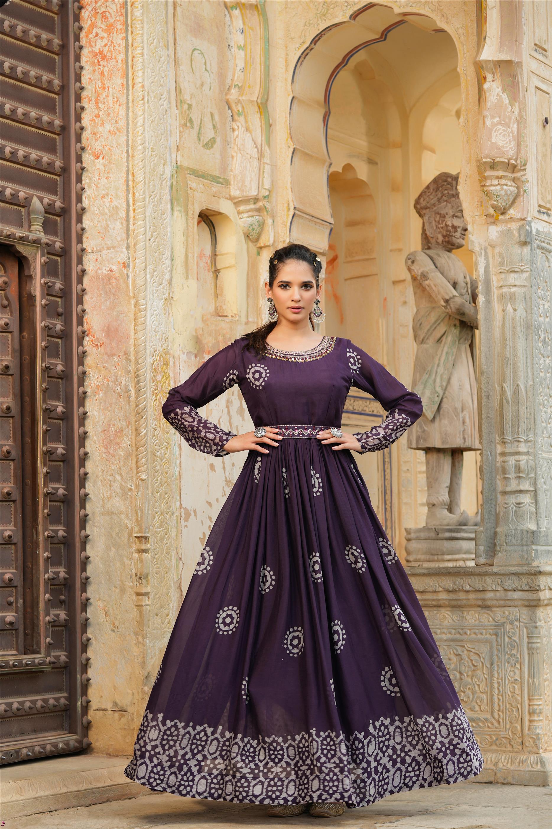 Purple Chinon Silk Block Print Anarkali Dress With Embroidered Belt