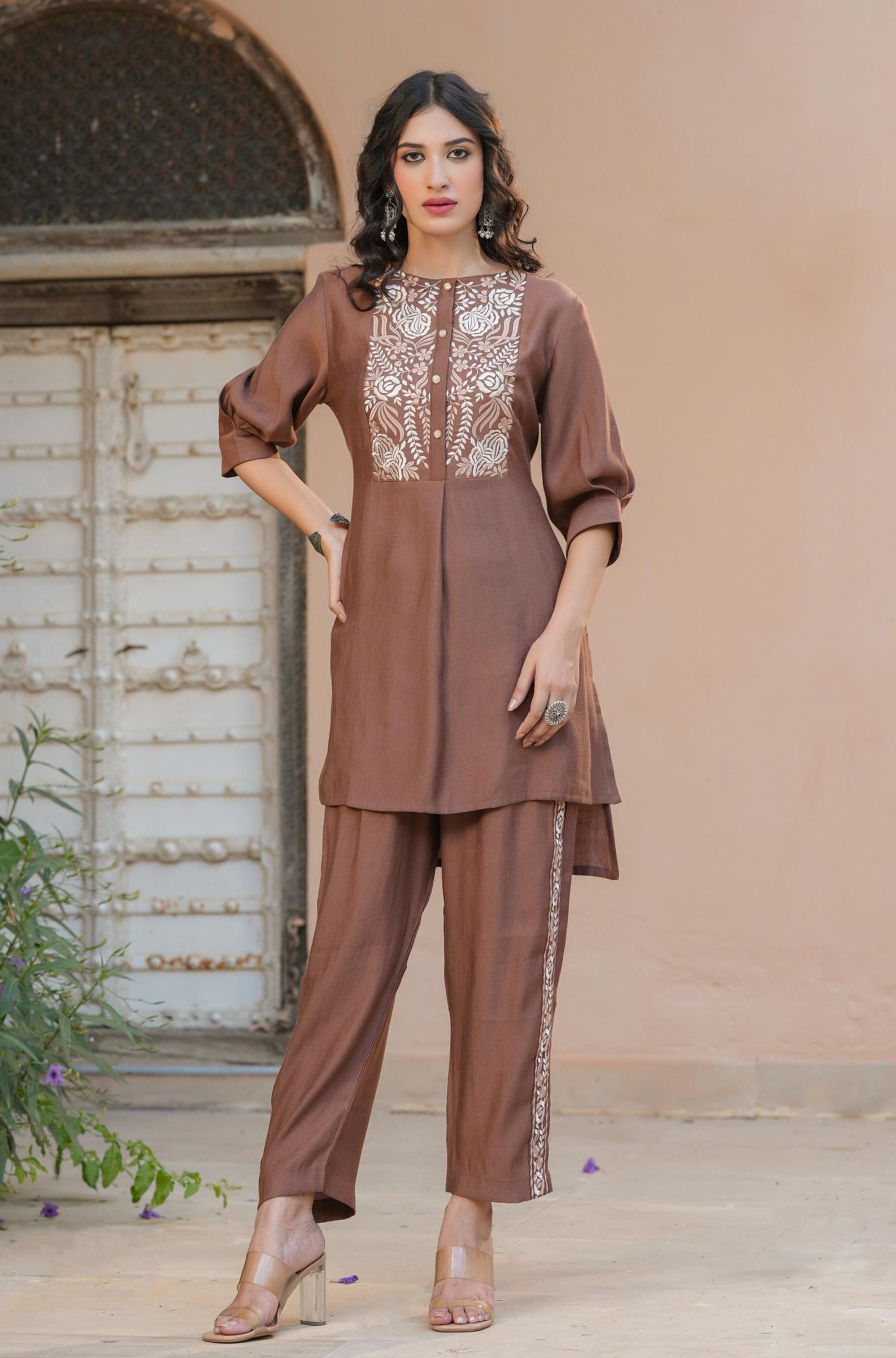 Brown Roman Silk Embroidered Tunic With Trousers Co-Ord Set