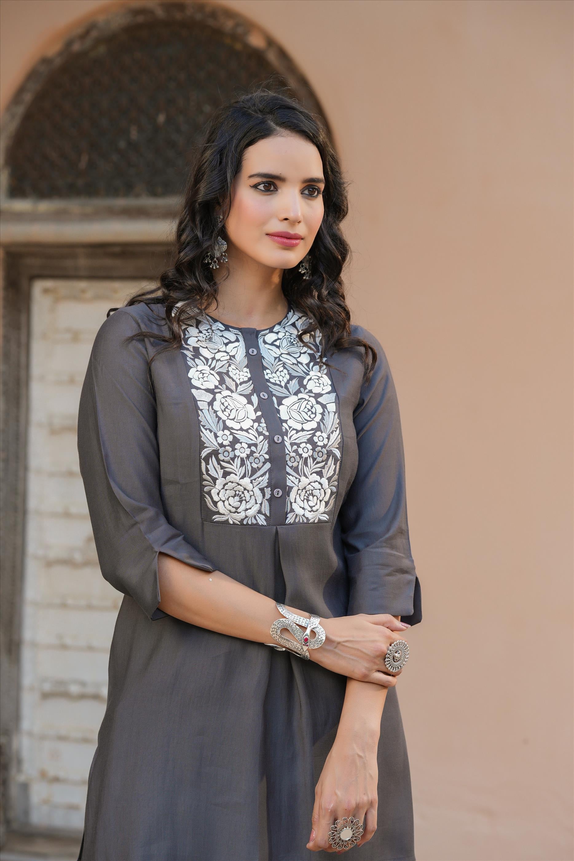 Grey Roman Silk Embroidered Tunic With Trousers Co-Ord Set