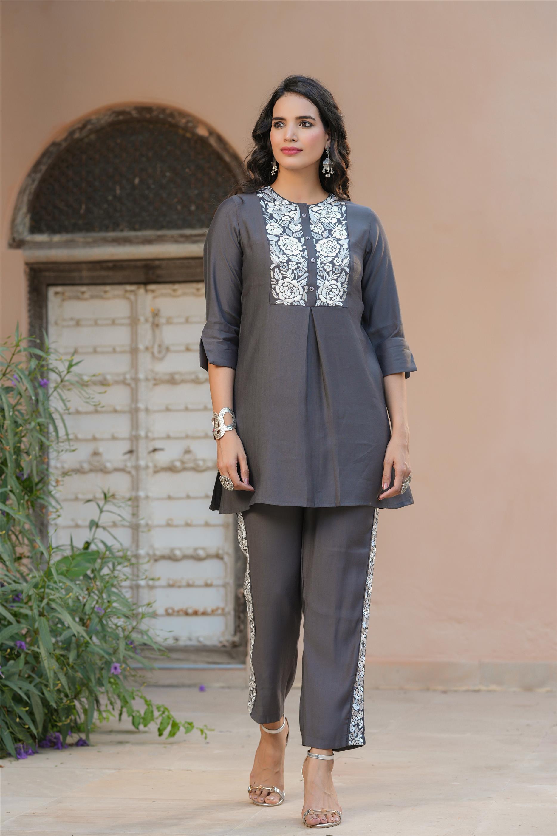 Grey Roman Silk Embroidered Tunic With Trousers Co-Ord Set