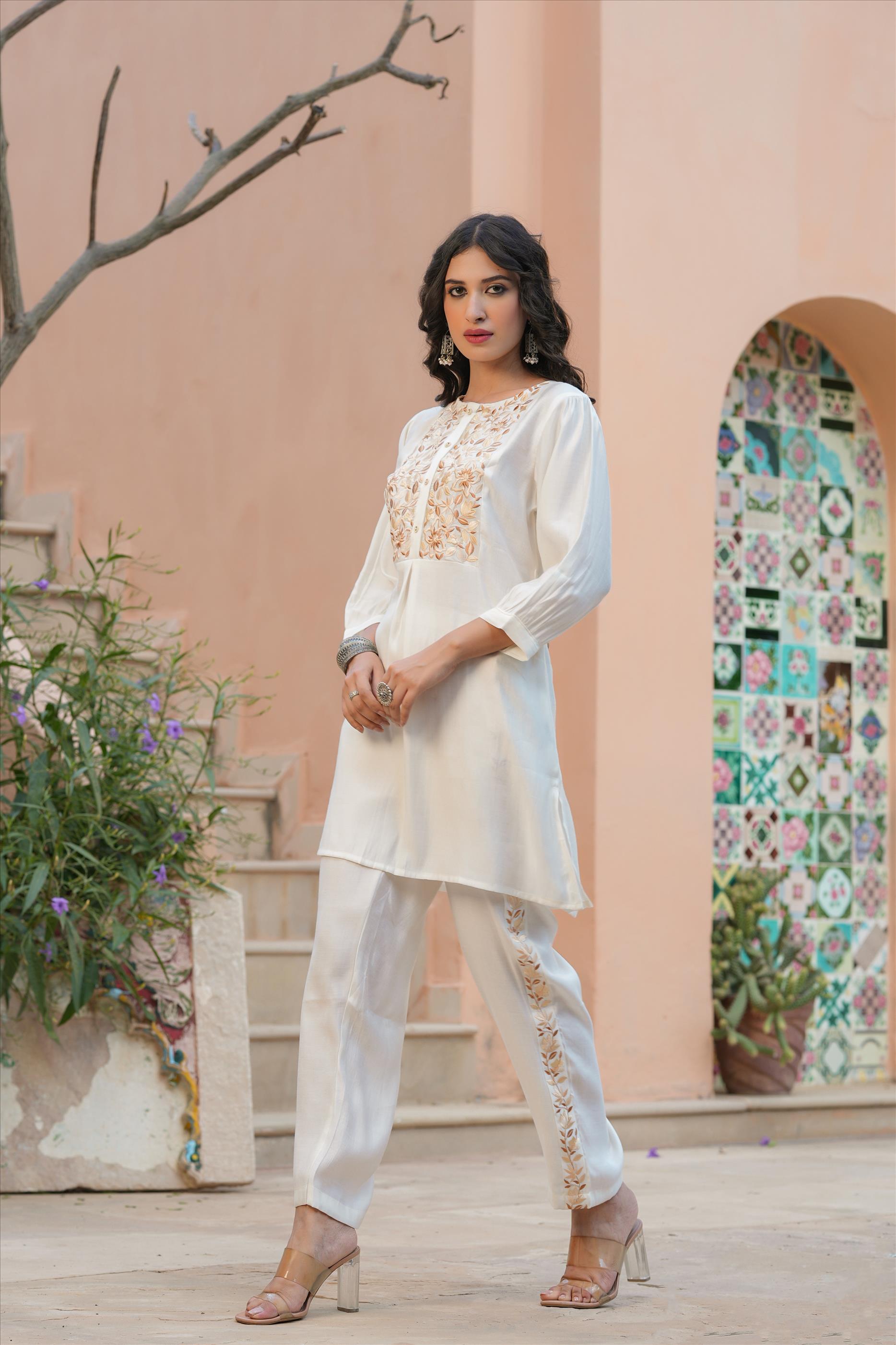 Ivory Roman Silk Embroidered Tunic With Trousers Co-Ord Set