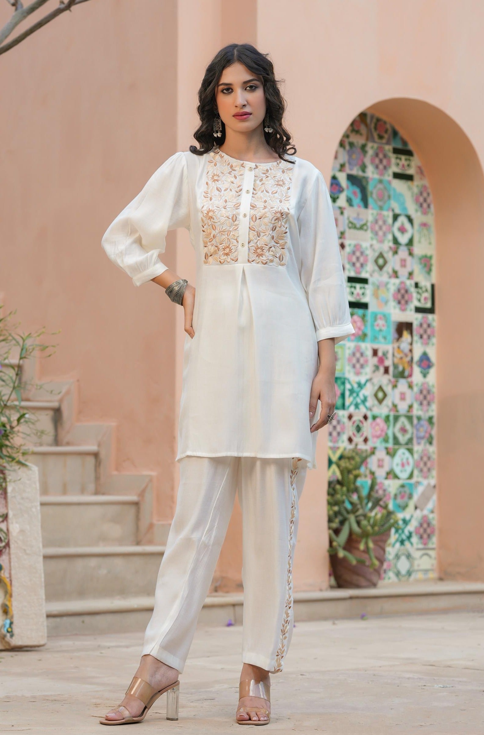Ivory Roman Silk Embroidered Tunic With Trousers Co-Ord Set