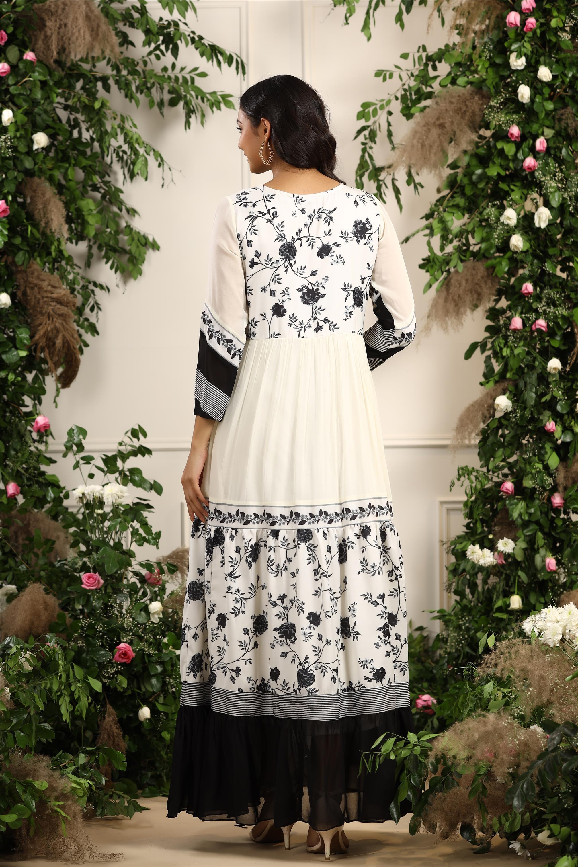White Georgette & Modal Satin Floral Digital Print Anarkali Kurta With Lining