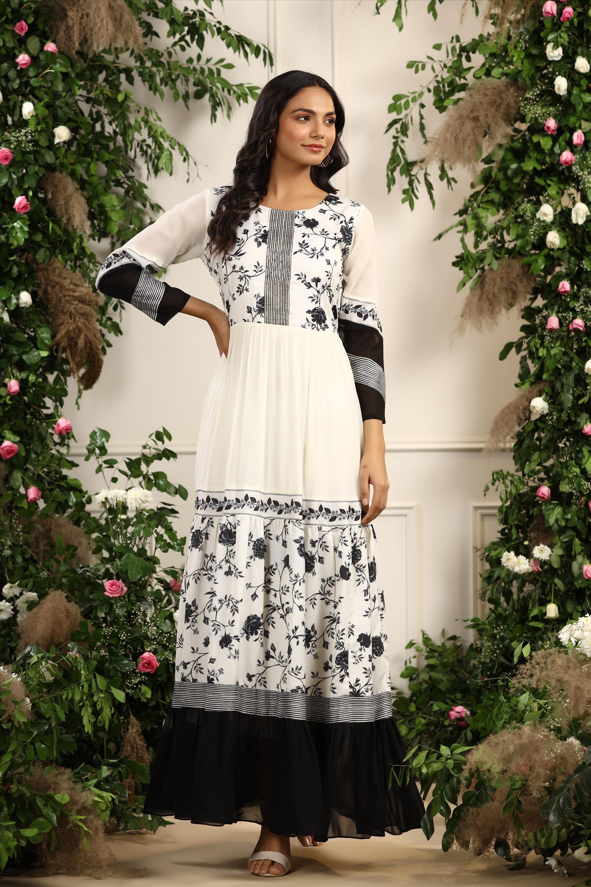 White Georgette & Modal Satin Floral Digital Print Anarkali Kurta With Lining