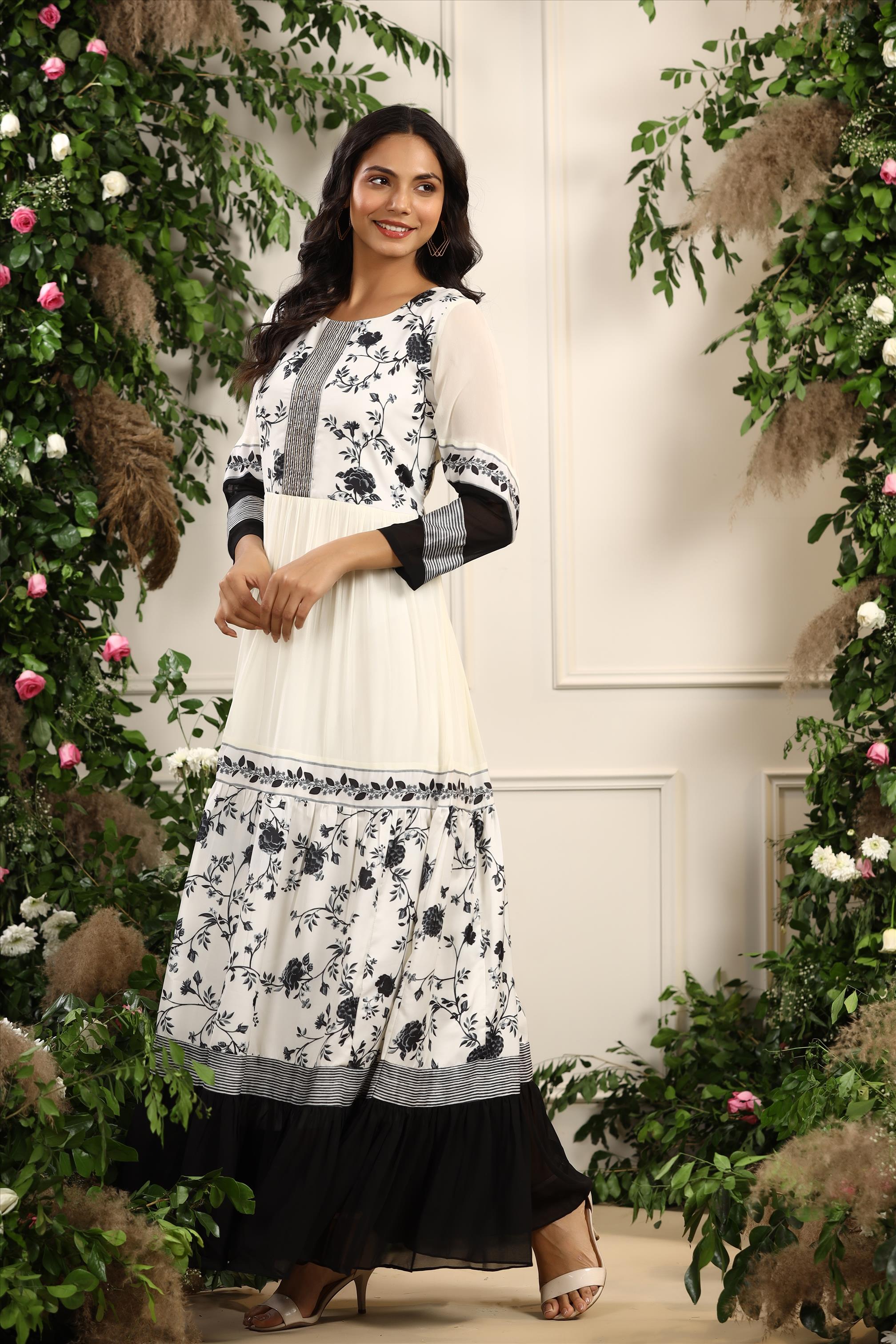 White Georgette & Modal Satin Floral Digital Print Anarkali Kurta With Lining
