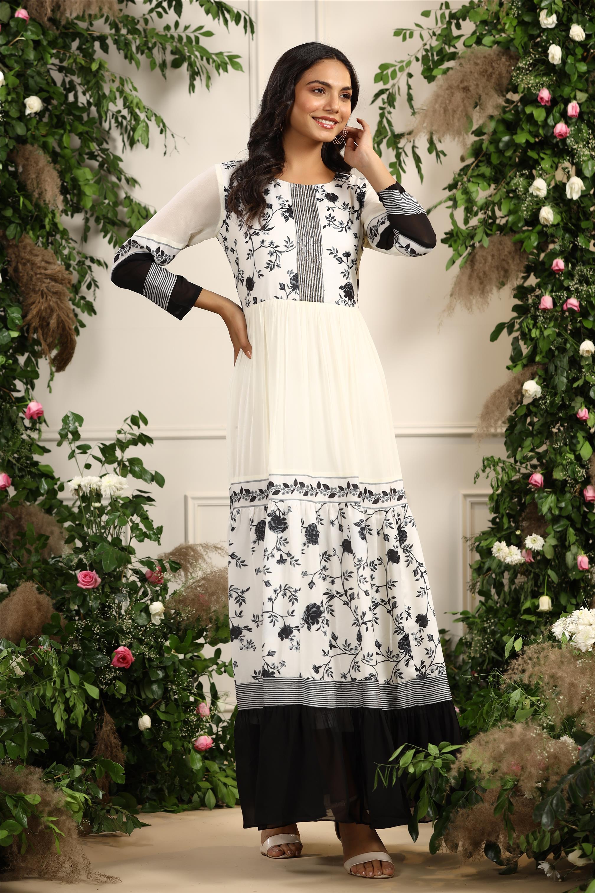 White Georgette & Modal Satin Floral Digital Print Anarkali Kurta With Lining